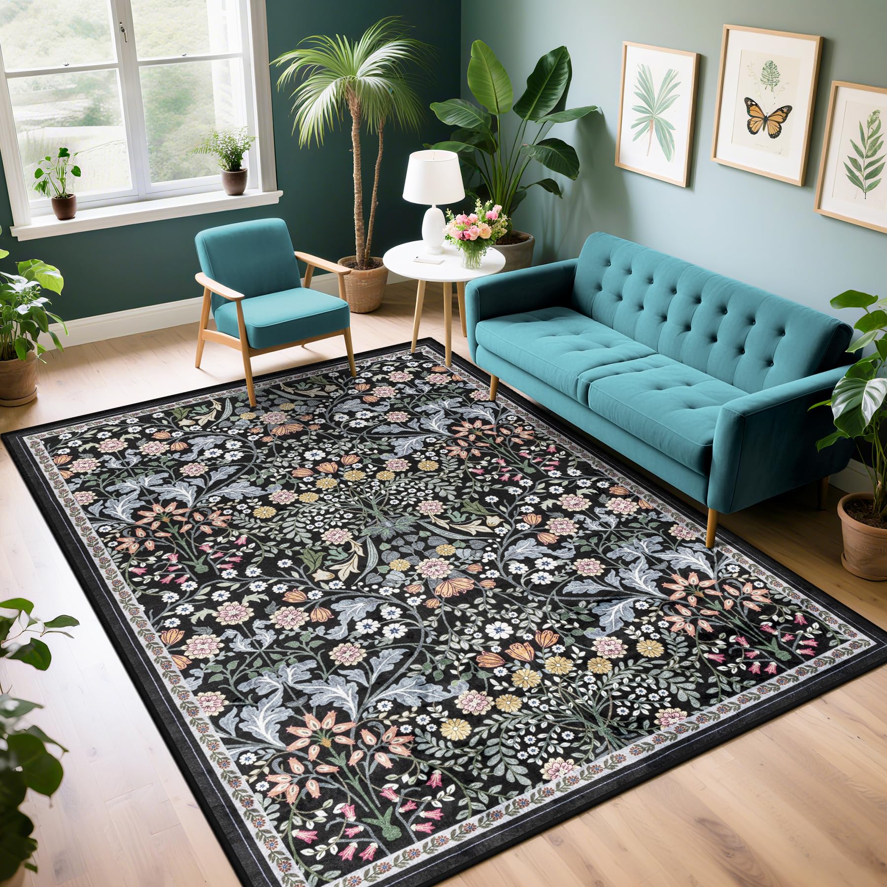 Area Rug Living Room Rugs: Floral 4x6 Washable Rug Vintage Soft Boho Non-Slip Carpet Indoor Floor Stain Resistant Large Carpets for Bedroom Dining