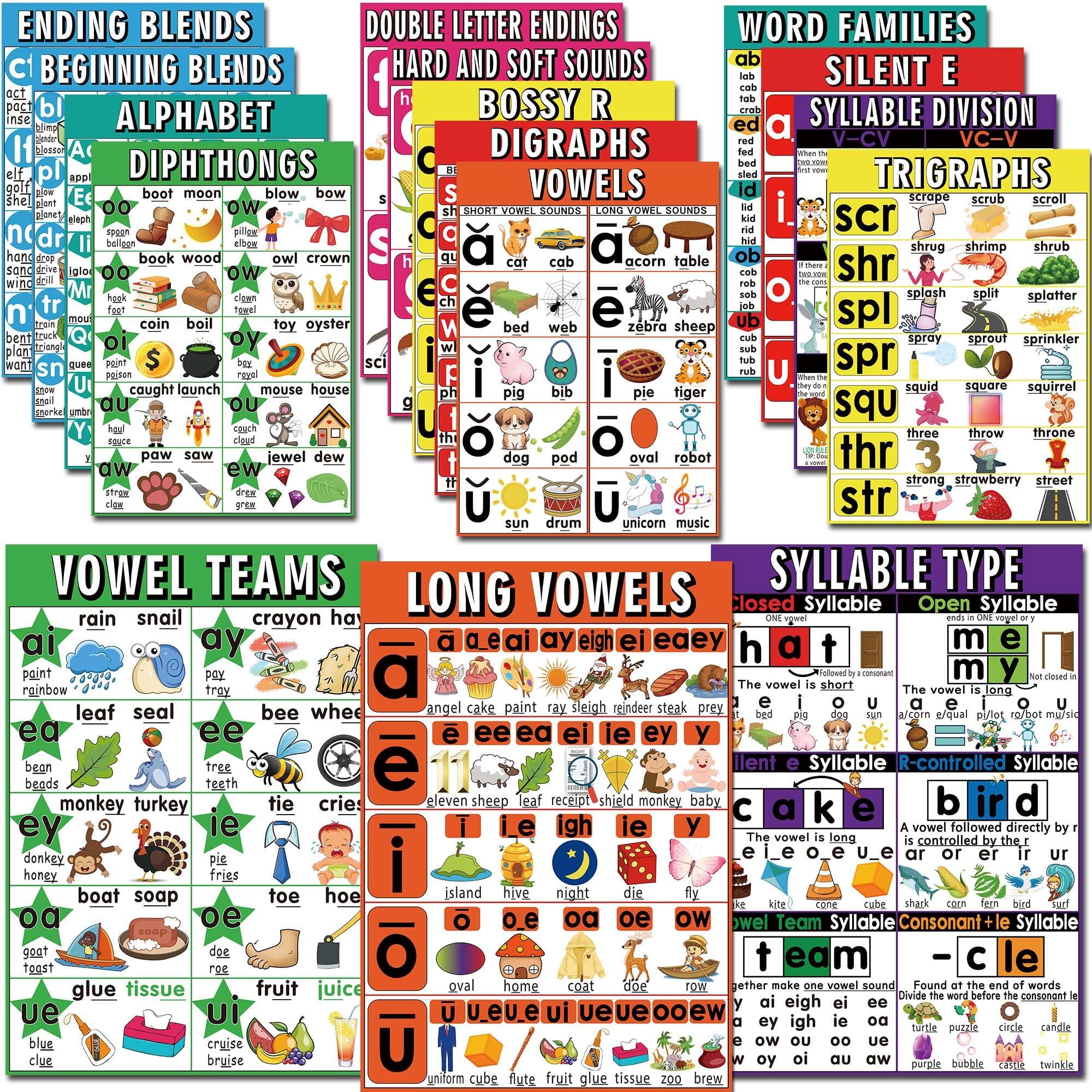 DFZUS 16 English Phonics Posters Language Arts Charts for Kids Toddler Learning Vowels Posters, Phonics Poster for Classroom, Digraphs and Blends Poster, Sound Wall Phonics Chart, Boho Classroom