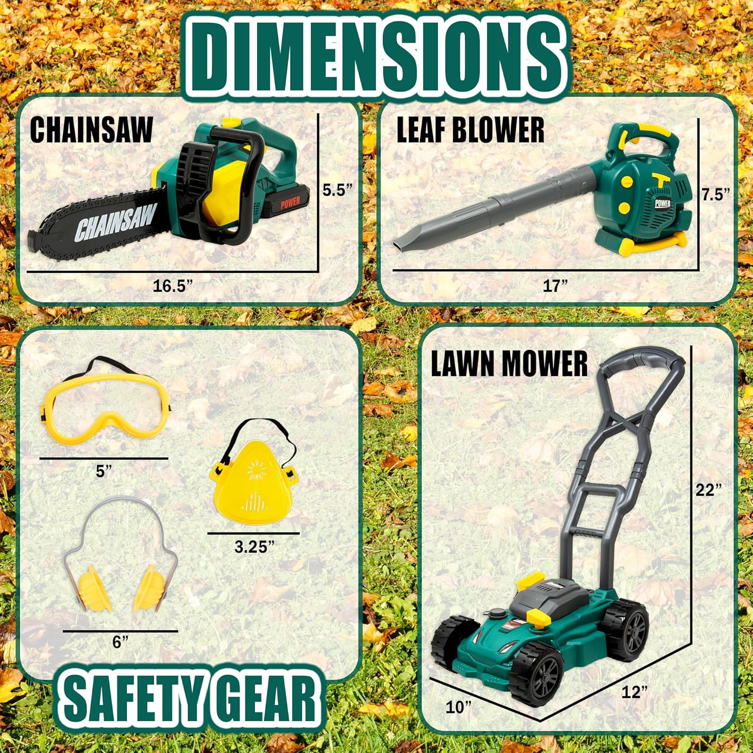 Kids Leaf Blower, Toy Chainsaw, and Lawn Mower Set | Realistic Toddler Landscaping Power Tools with Sound and Action| Includes Safety Goggles Mask and Earmuffs