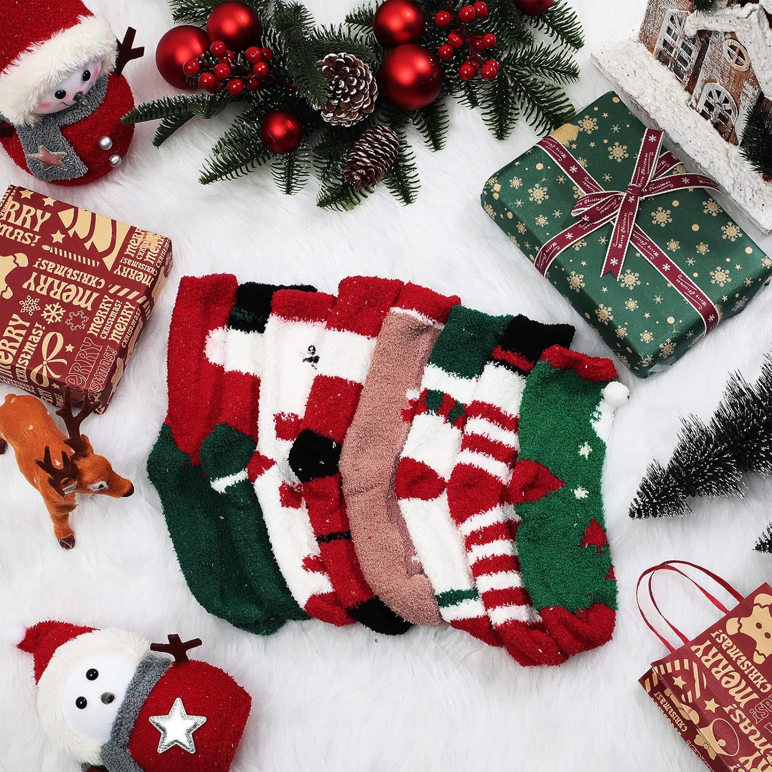 SATINIOR 8 Pairs Fuzzy Christmas Socks Plush Slipper Socks Adult Christmas Holiday Socks Winter Warm Fluffy Cozy Crew Socks for Women Girls (Stylish Style) - Image 5