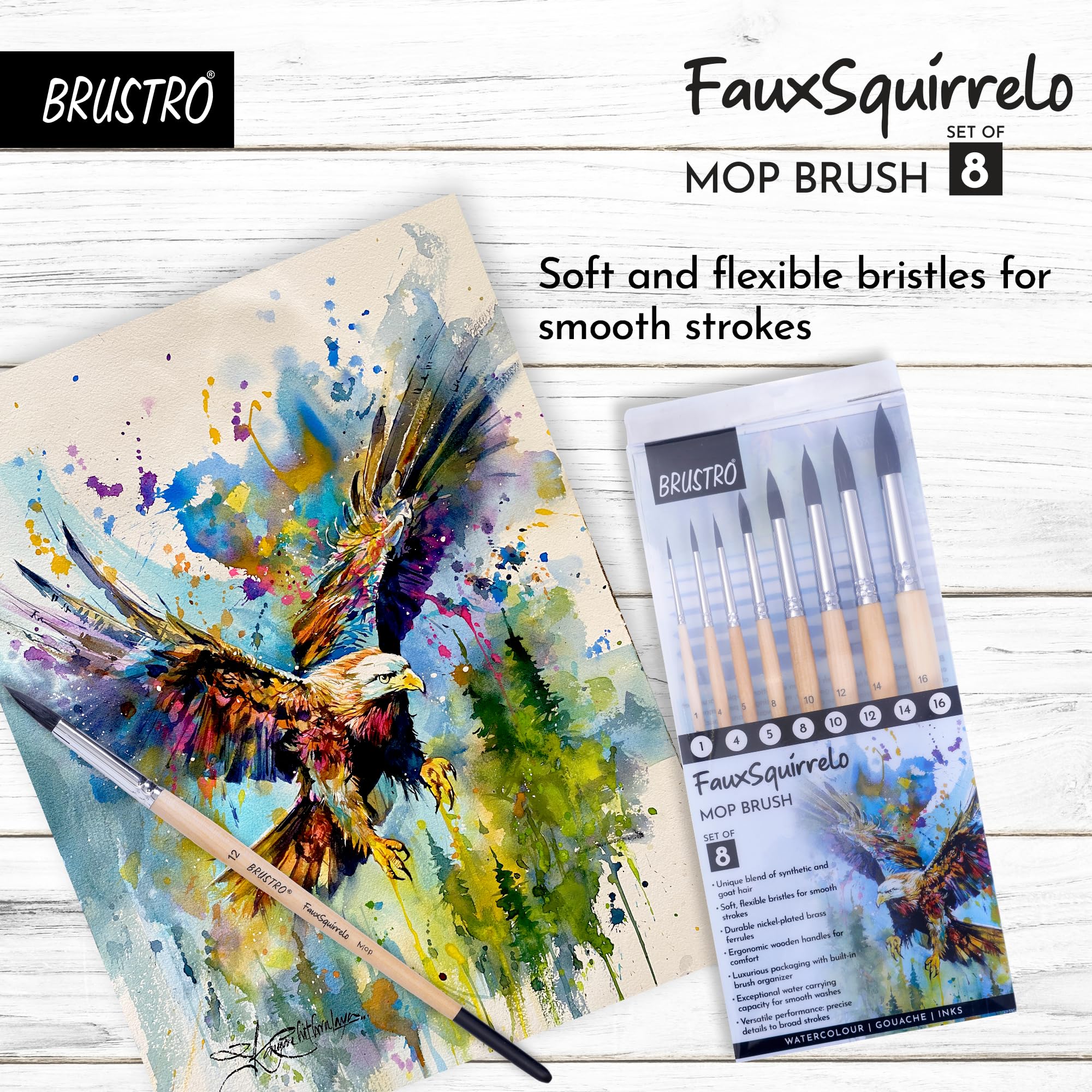 BRUSTRO Faux Squirrelo Mop Brush Set - 8 Brushes -8 BRUSTRO Faux Squirrelo Mop Brush Set - 8 Brushes -8