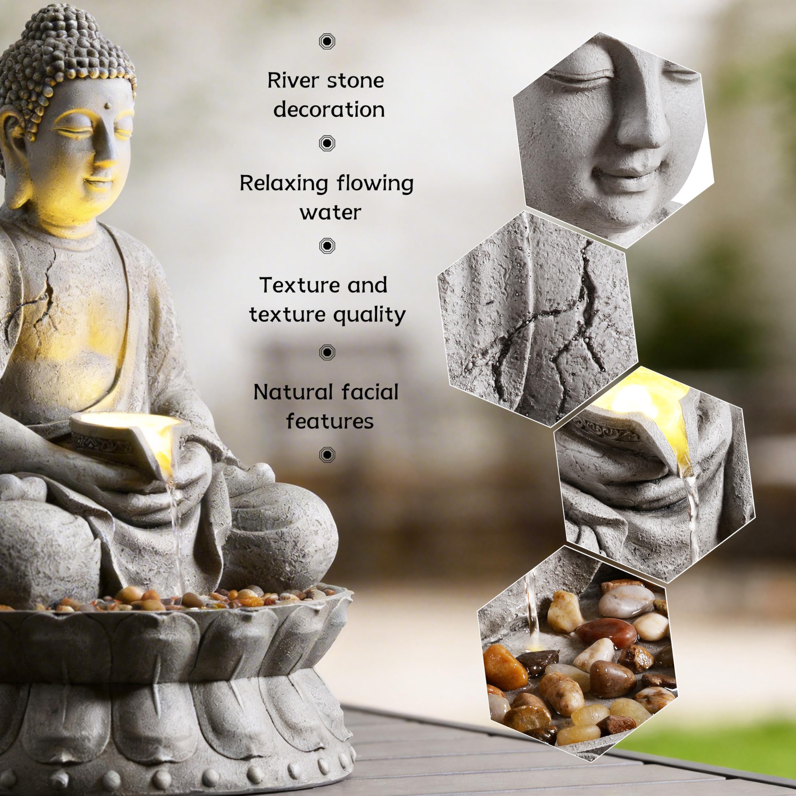 Fontaine à eau d'extérieur Bouddha méditant avec lumière LED, finition pierre grise, base lotus avec galets