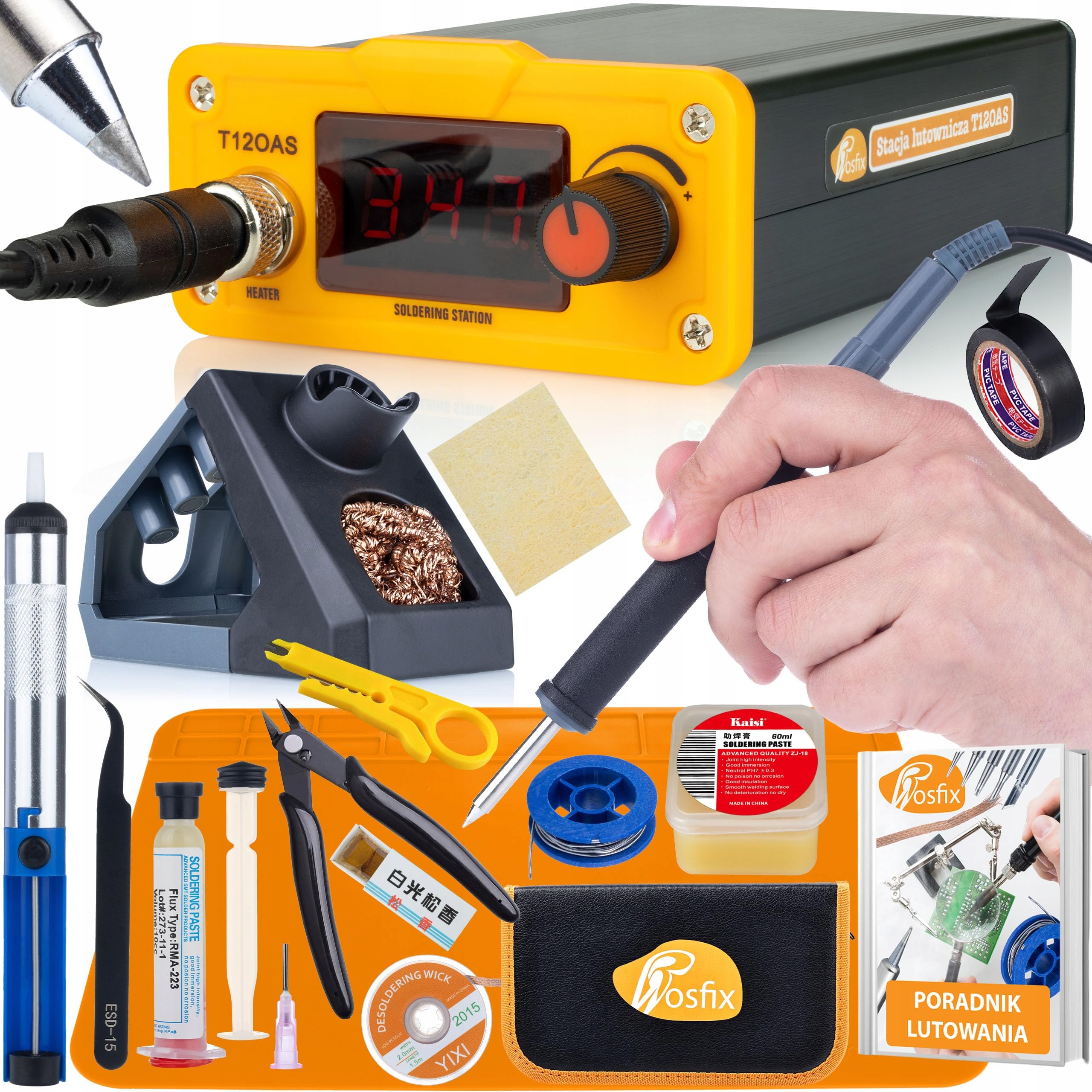 Estación de soldadura T12 Orange Akbash Standard – Soldador con pantalla LCD de 75 W, modo de suspensión, temperatura 200 – 450 °C, calentamiento rápido, juego de 14 piezas con organizador para