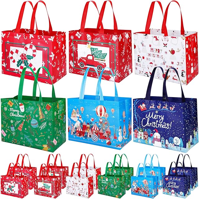 Aneco 18 Pack Christmas Tote Bags with Handles Reusable Gift Bags with Assorted Styles for Christmas Shopping and Decoration Holiday Party Supplies, 12.8 x 9.8 x 6.7 Inches