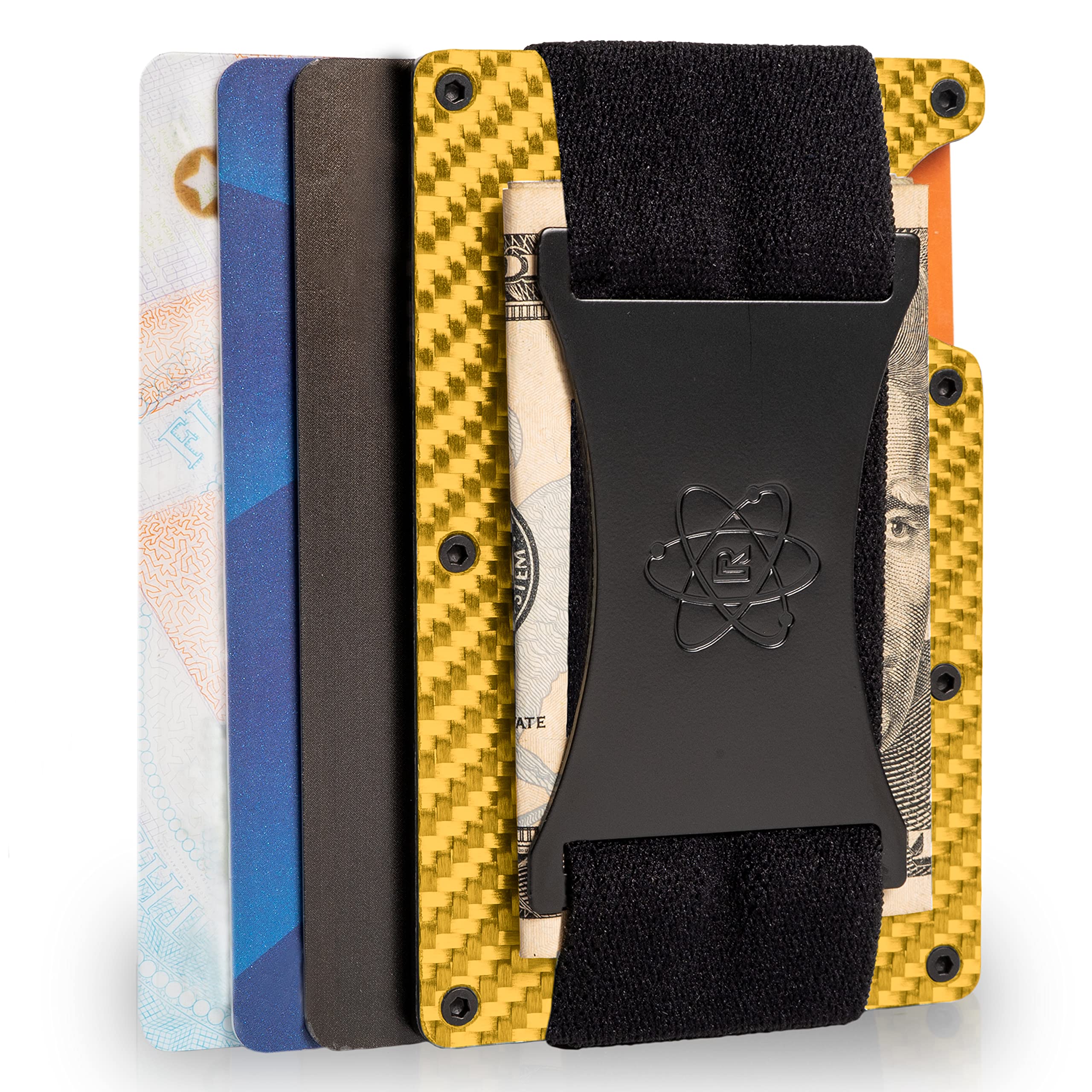 ROSSMSlim RFID Blocking Minimalist Wallet for Men - Thin Front Pocket Wallet with Metal Cash Strap and Money Clip - Forged Carbon Fiber Ember/Pacific AirTag, Gold Carbon