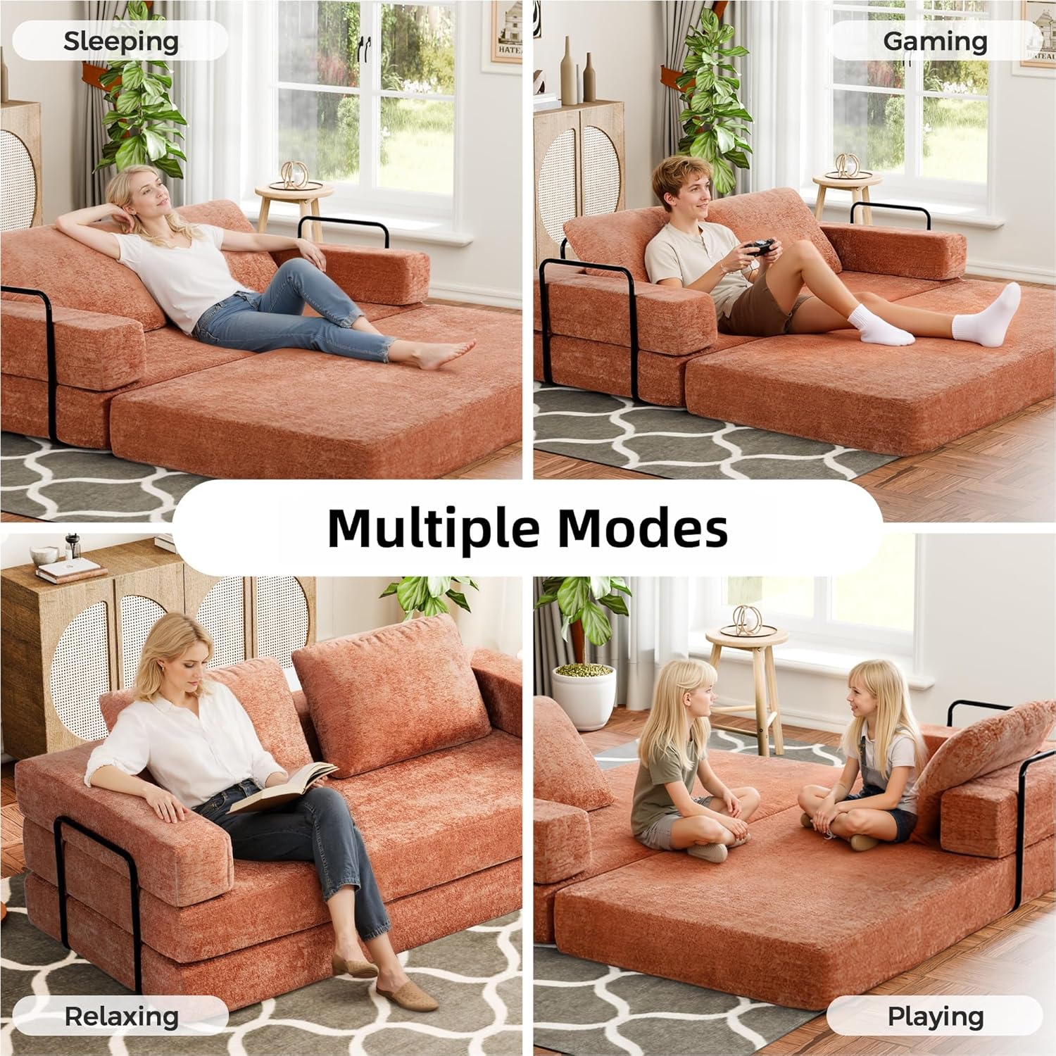 Convertible Sofa Bed, 4-in-1 DIY Combination Boneless Sleeper Sofa Bed with Pillows, Comfy Modular Couch with Fixed-Shape Frame, Chenille Convertible Lounge Couch for Living Room, Orange