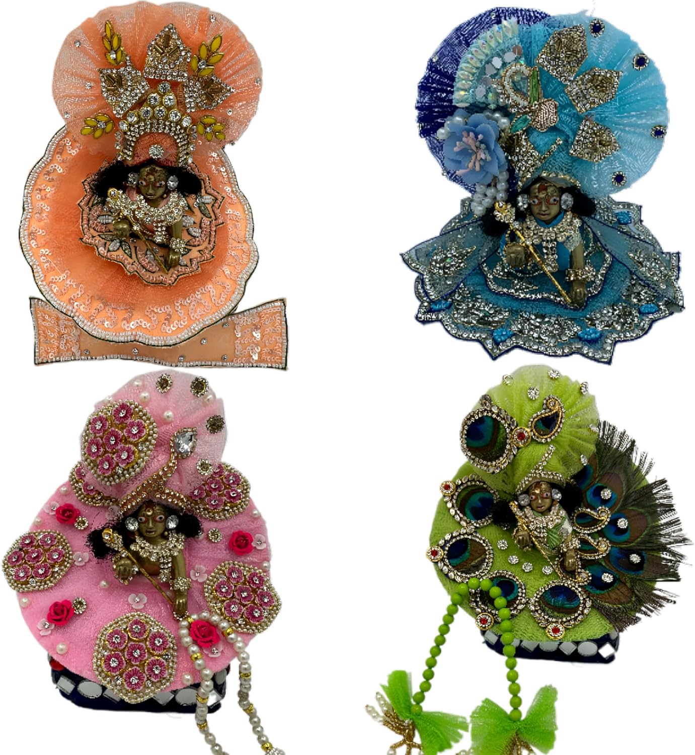 DREEMOH GOD'S TREAT Kanha Ji Designer Zardozi Dress | Krishna Ji Laddu Gopal Fancy Outfit | Kanhaiya Ji Net and Silk Poshak Set with Mukut & Accessories | Janmashtami Puja Wear (Pack of 4, 6 Inch)