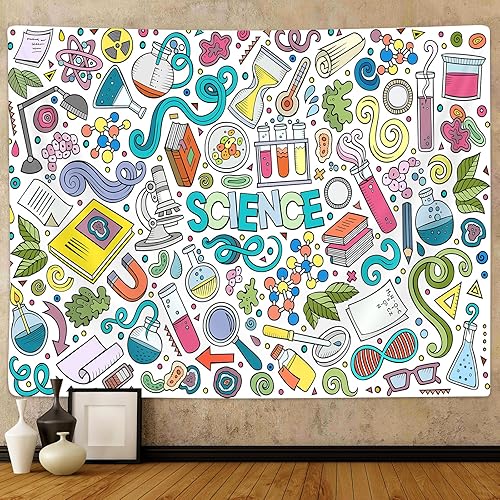 Miniatura 8 de PAOPOED Tapiz de ciencia, temática educativa, decoración de fondo de laboratorio para estudiantes, fórmulas matemáticas, mantel para colgar en la