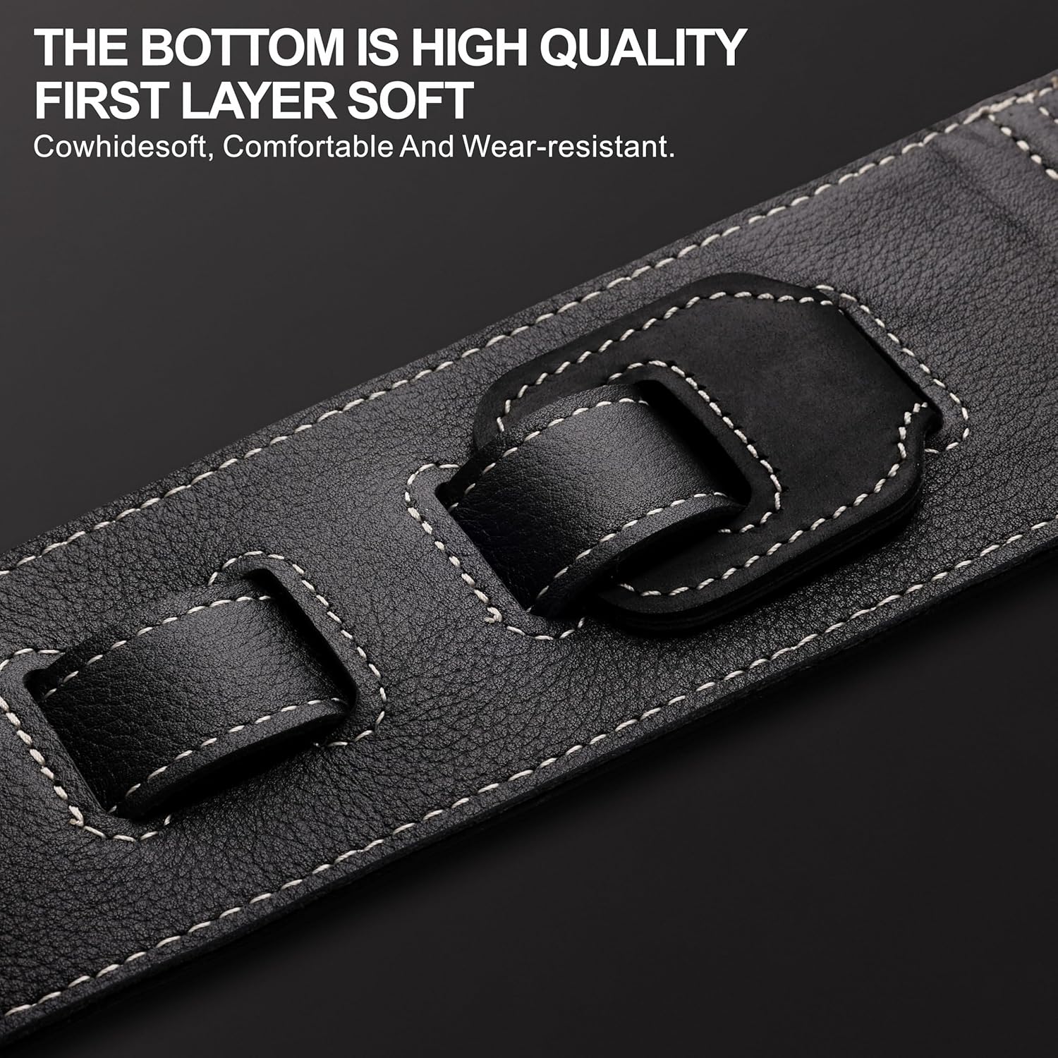 Nefelibata 3" Guitar Strap in First Layer Leather with Foam Padding and Cable Storage Loops for Bass, Electric and Acoustic Guitars (Aged Black)