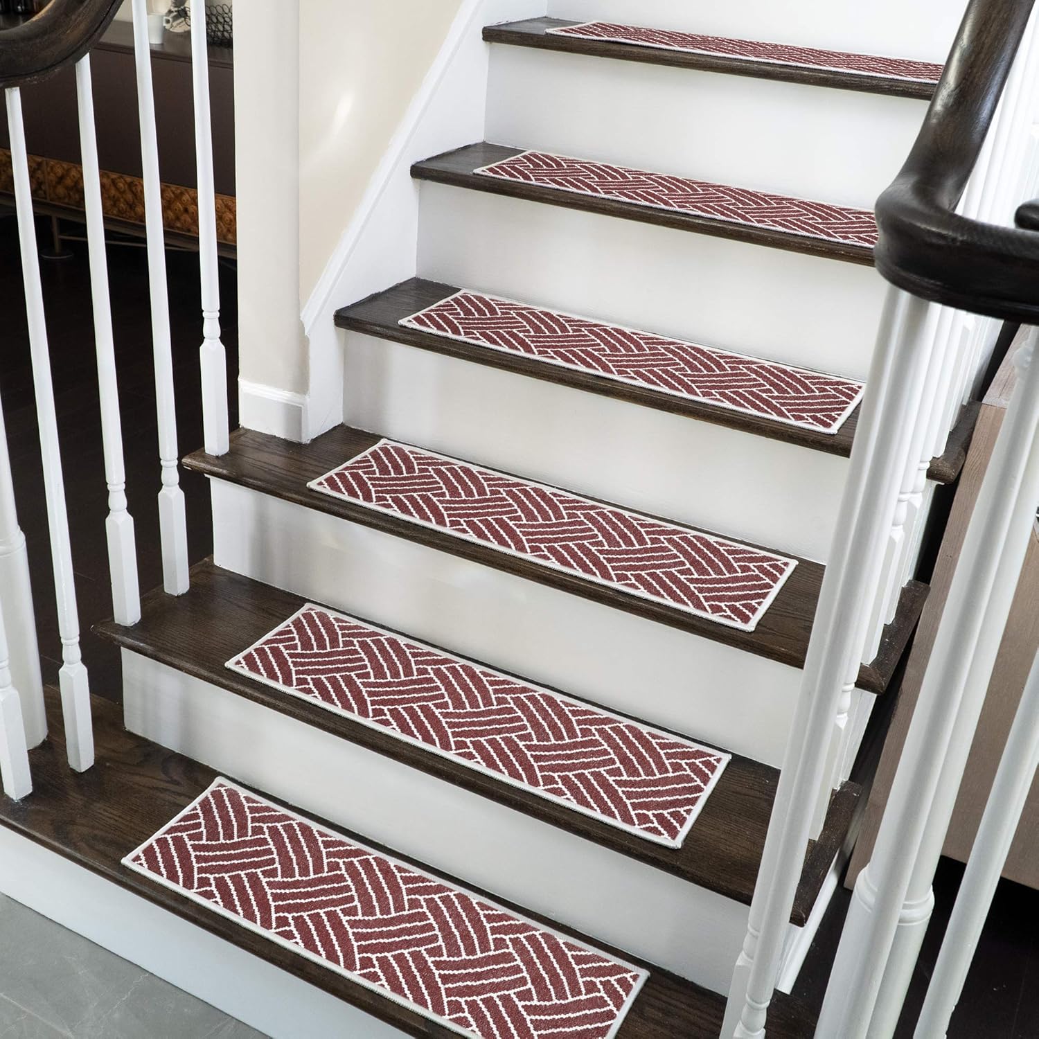 SussexHome Sisal Design 9 X 28 Stair Treads - 70% Cotton Anti-Slip Carpet Strips for Indoor Stairs-Easy to Install with Double Adhesive Tape-Safe, Extra-Grip, 4-Pack-Maroon