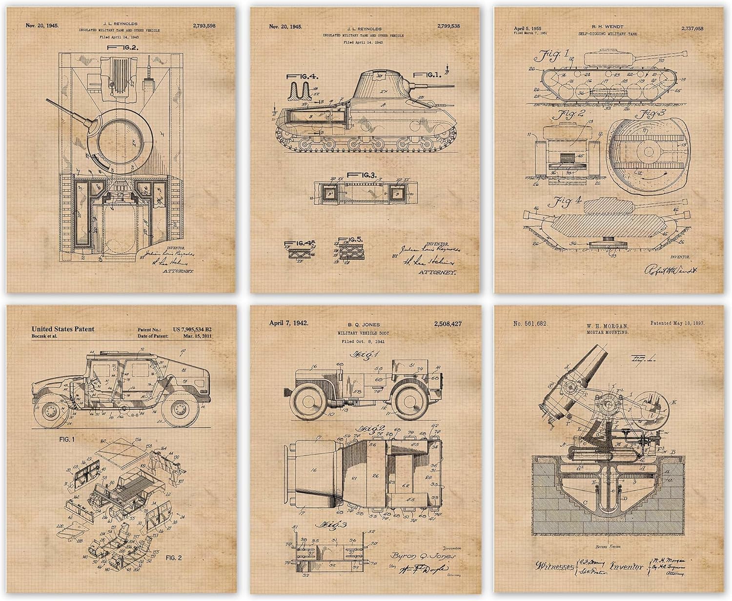 Classic Military Vehicle Equipment Patent Prints, 6 (8x10) Unframed Photos, Wall Art Decor for Home Work Office American History Country Patriot Security Cadet Soldier Academy School Student Teacher Coach