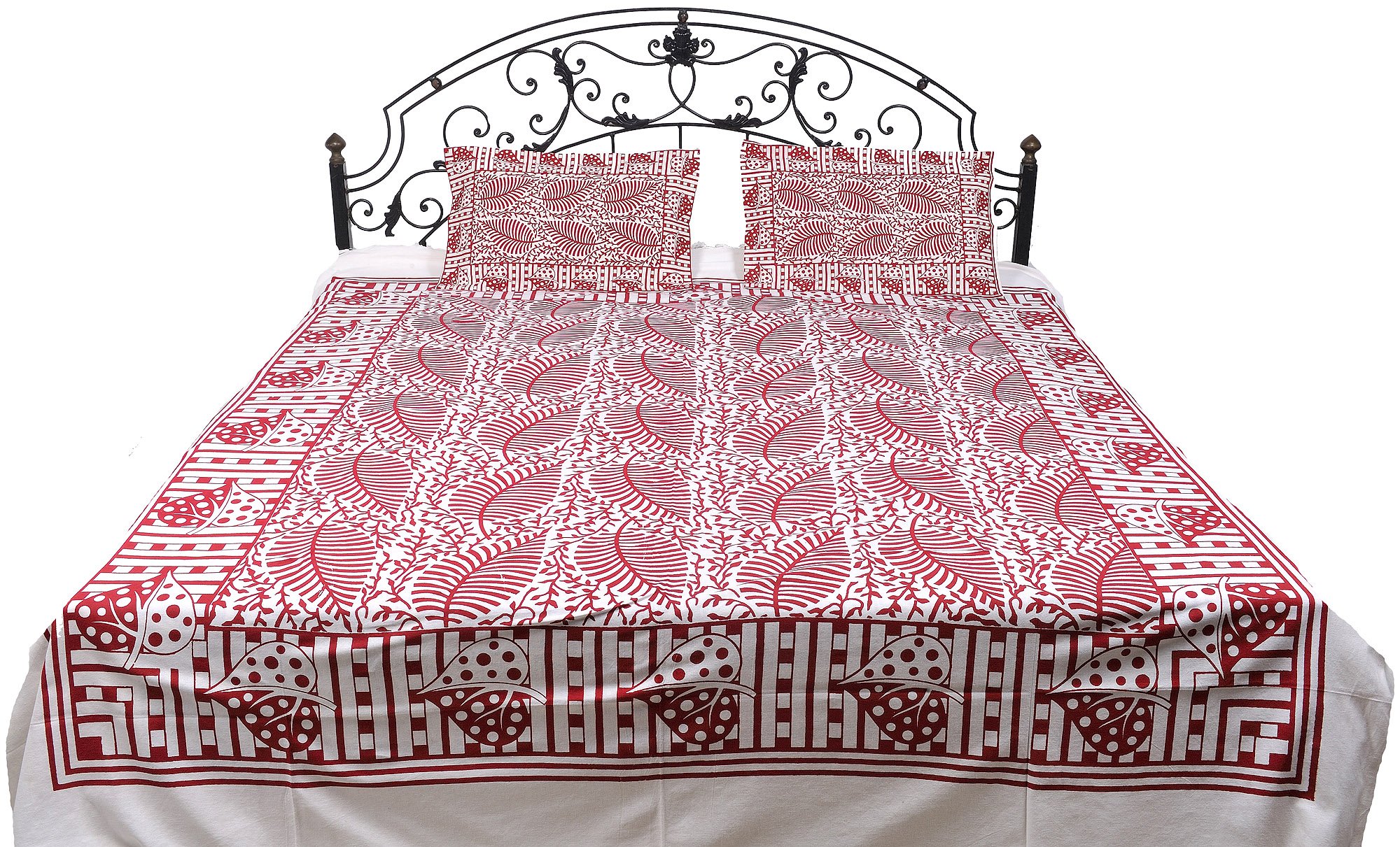 Exotic India Bedspread from Pilkhuwa with Block Printed Leaves - Pure Cotton with Pillow Covers - Color White and Red Color-image-46