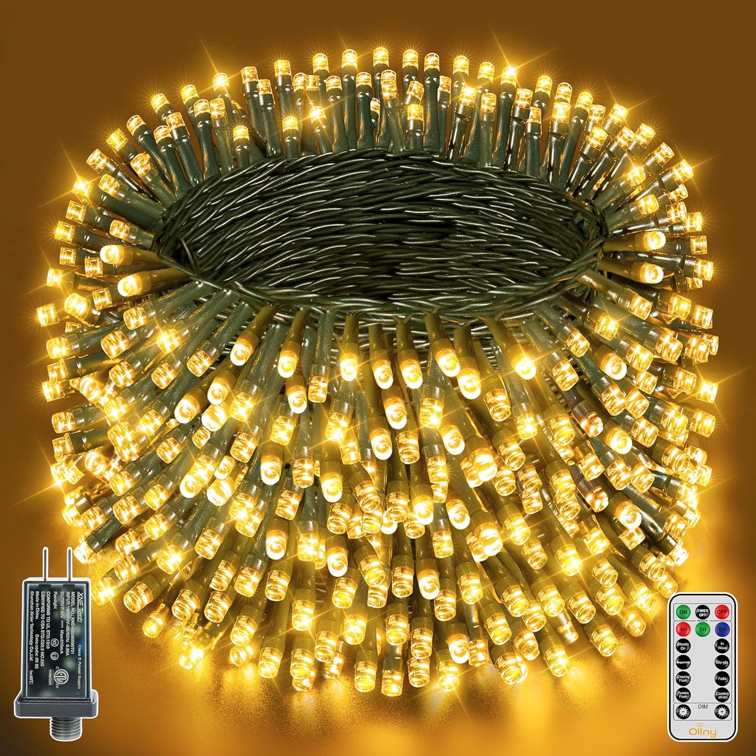 Ollny Christmas Lights, 1000LED 328FT Long Christmas Tree Lights with 8 Modes Remote Timer IP44 Waterproof, Outdoor Christmas Lights for Tree House Yard Outside Xmas Decorations Warm White Warm White 1000