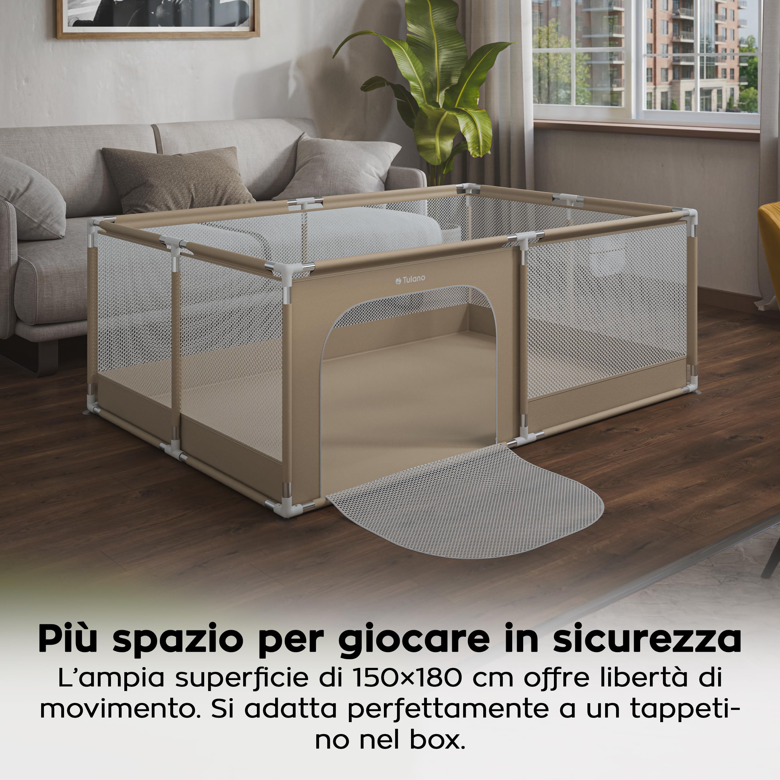 Tulano Cozy 22 Box per Bambini 120x180 cm - Recinto Neonato con Fondo | 6-36 mesi - Struttura in Metallo – Rete Traspirante – Porta con Cerniera – Borsa Inclusa – Casa e Giardino – Beige