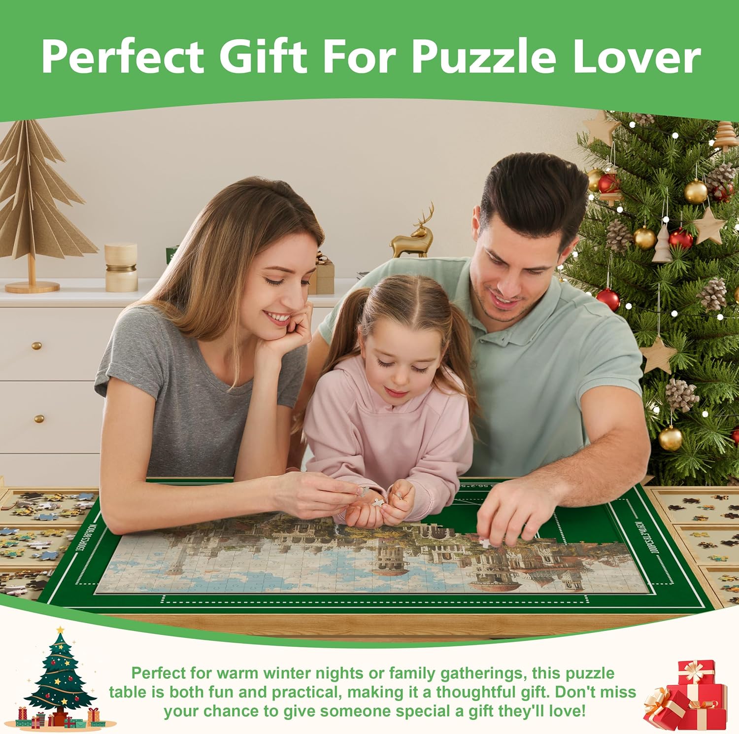 CODACE Puzzle Table with Drawers - 1500 Pieces Folding Puzzle Tables for Adults, Tilting Jigsaw Puzzles Board with Sorting Trays, Table with Adjustable Height Legs and Wheels，Present for Puzzles Lover