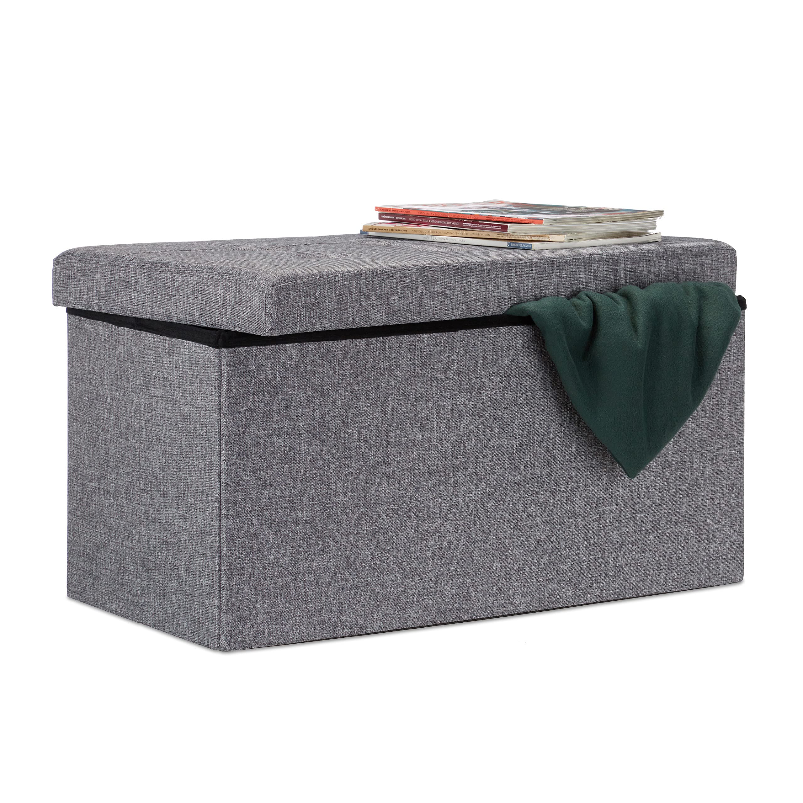 Relaxdays Banco otomano Plegable XL, Resistente, Taburete Plegable con Tapa extraíble, 38 x 76 x 38 cm, Gris Oscuro