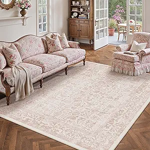 Pink Area Rug 5x8 Machine Washable Vintage Living Room Distressed Non Slip Carpet Traditional Indoor Bedroom Retro Floral Accent Throw Large Rug Office Kitchen Bathroom Dining Room