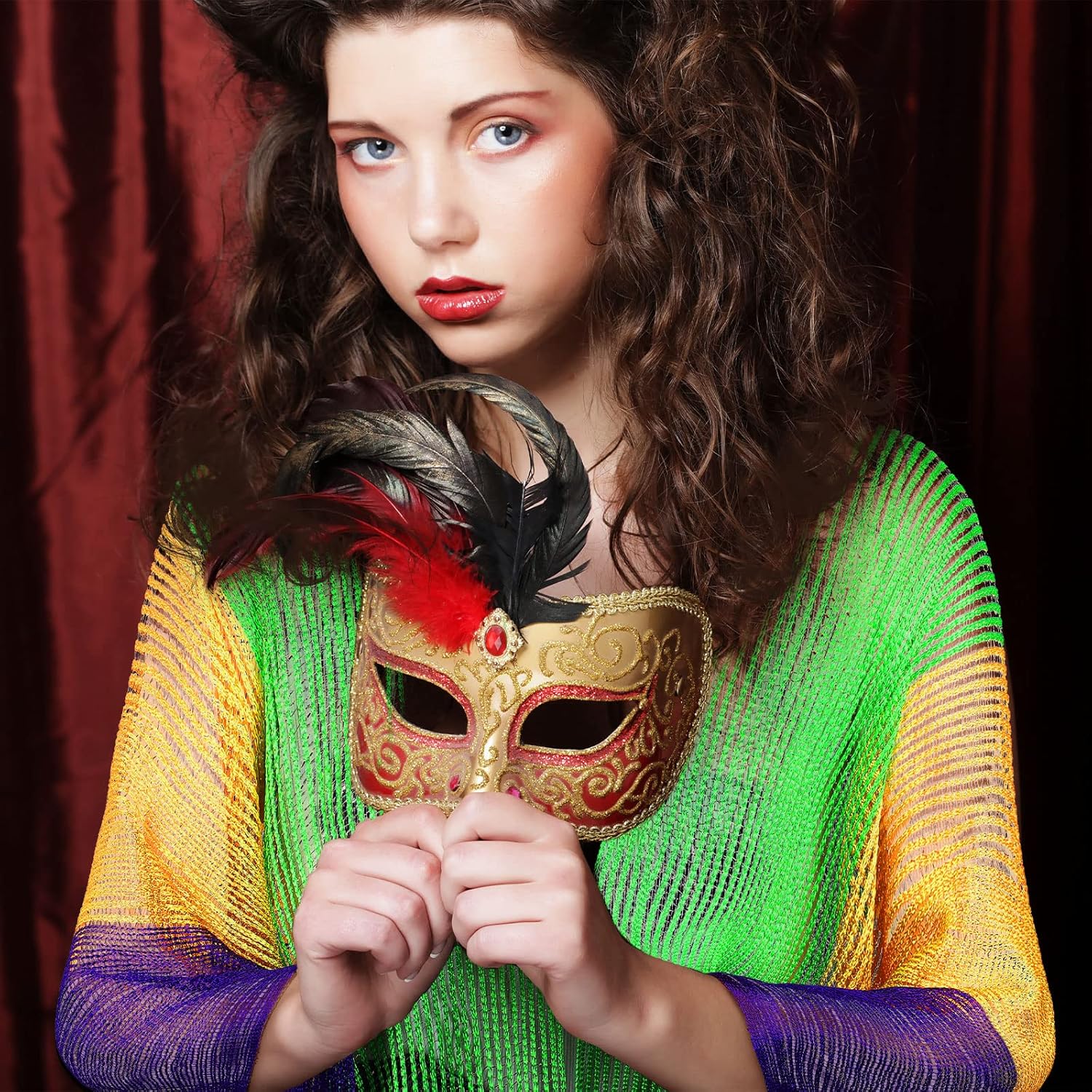 Frienda Mardi Gras Outfit for Women Mardi Gras Poncho Scarf Shawl with Mask Purple Green Gold Masquerade Costume for Masquerade Party Costume Accessories - Image 4