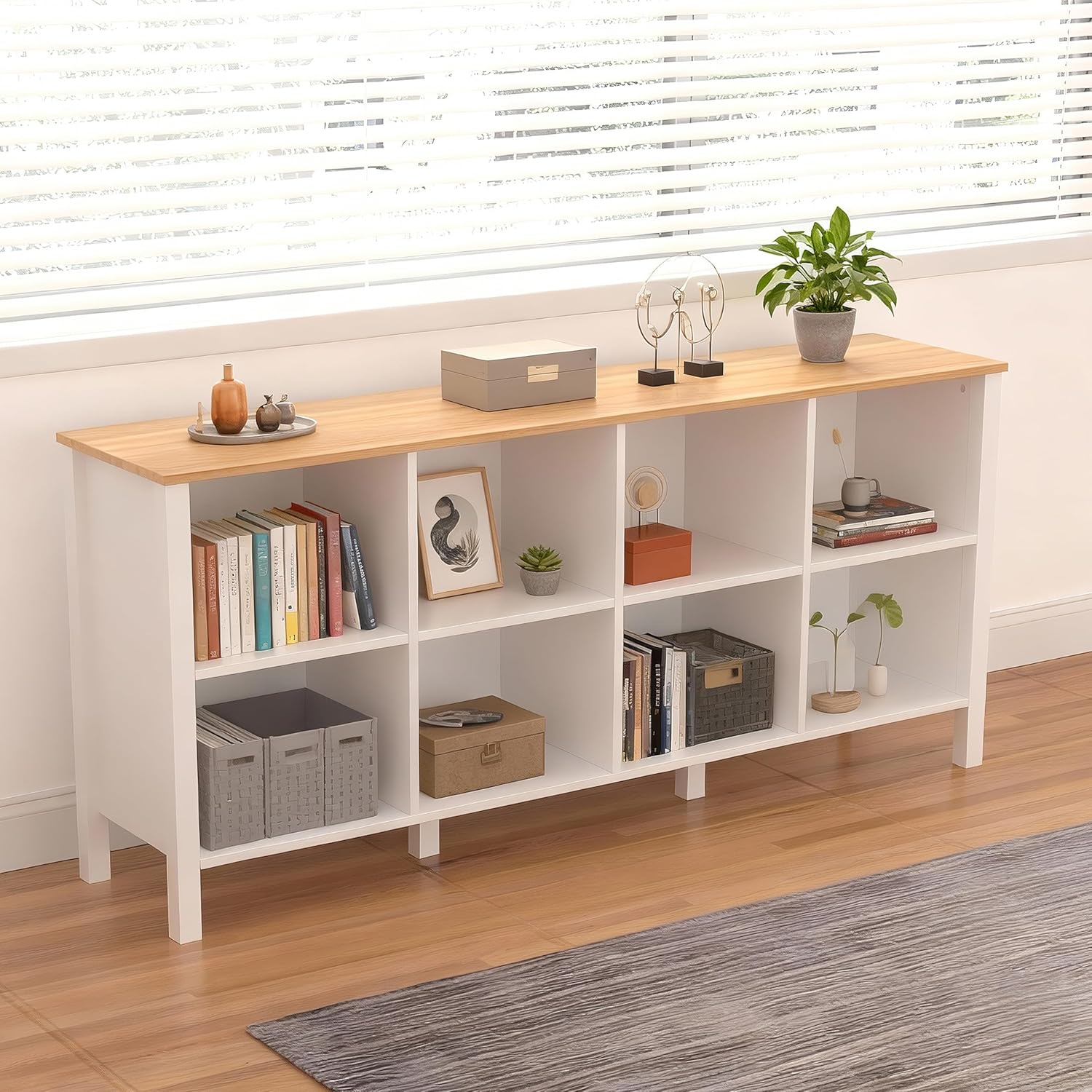 8-Cube Bookcase, Farmhouse Wooden Bookshelf Low Storage Organizer, 59" Horizontal White Console with Legs, Hallway Book Case for Entryway, Display Cabinet for Living Room (White, 8-Cube)