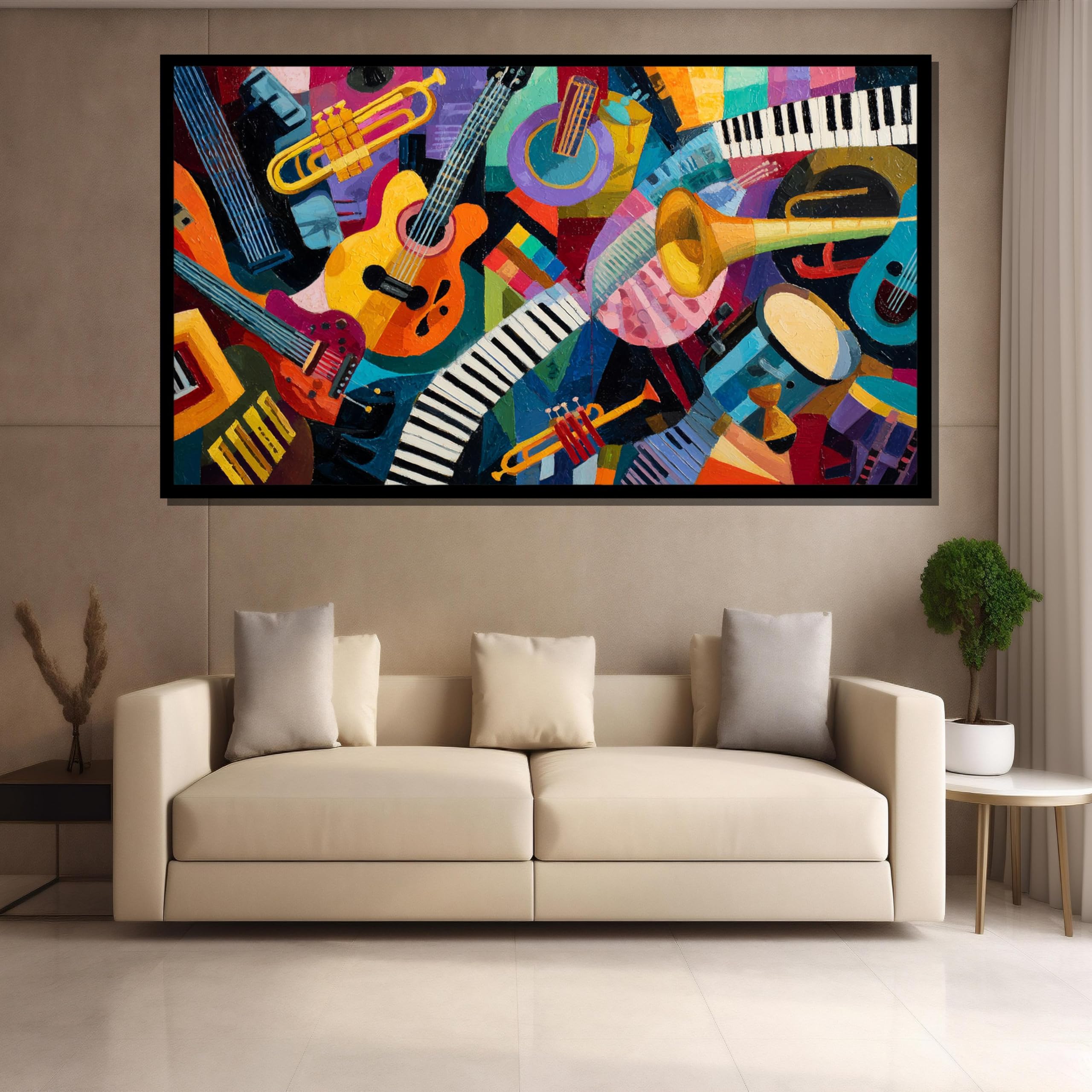 XINBAO Quadro su tela con strumenti musicali jazz, raffigurante chitarra, pianoforte, tromba e batteria, ideale per arredare il soggiorno o lo studio (70x110 cm/cornice interna).