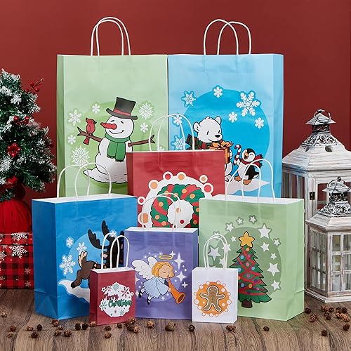 Miniatura 6 de JOYIN 24 bolsas de regalo – 12 diseños, grande 15 pulgadas, "mediano 12", "pequeño 9", "XS 7" con Papá Noel, muñeco de nieve, reno, árbol de