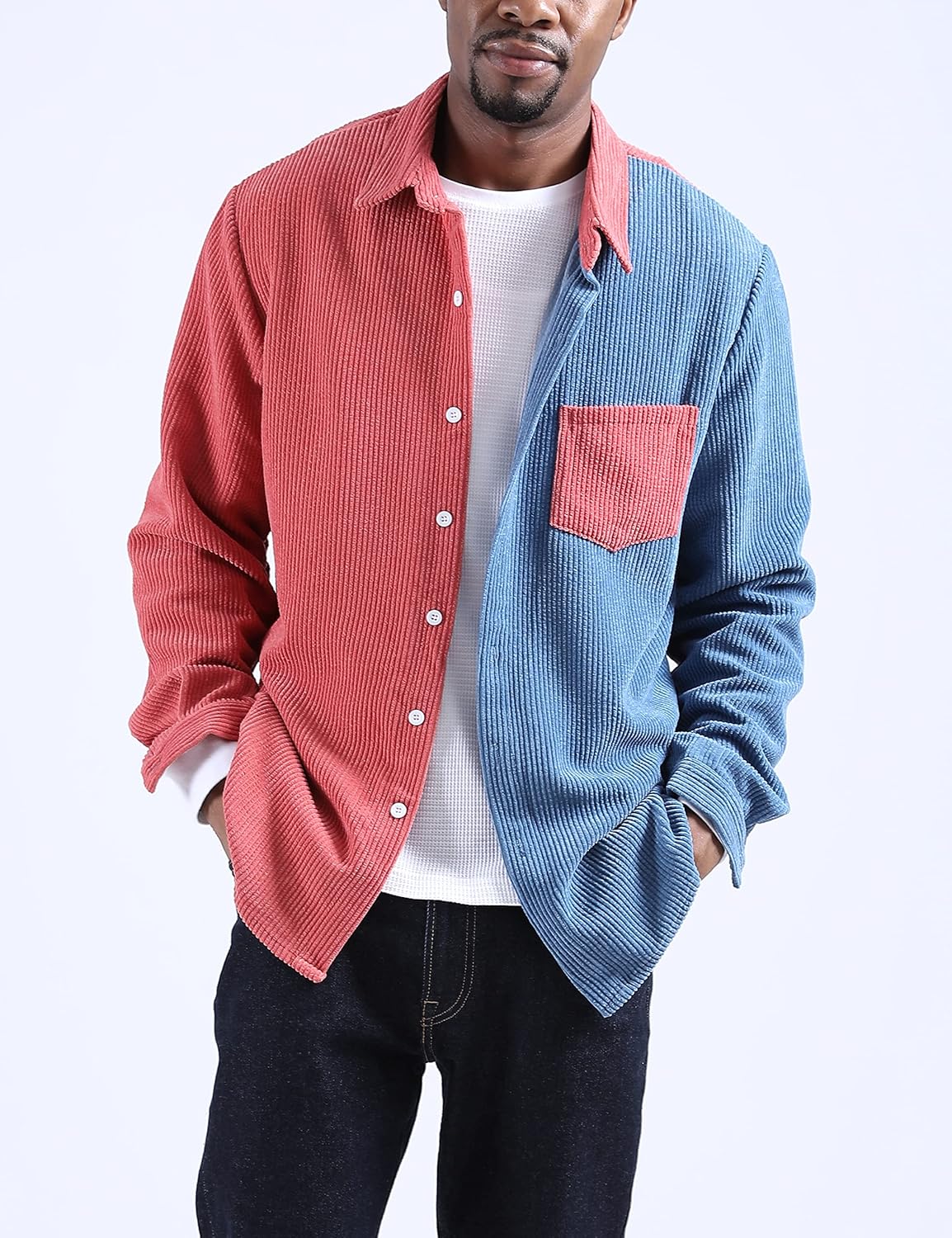 UANEO Mens Shacket Patchwork Long Sleeve Button Down Corduroy Shirts for Men - Image 2