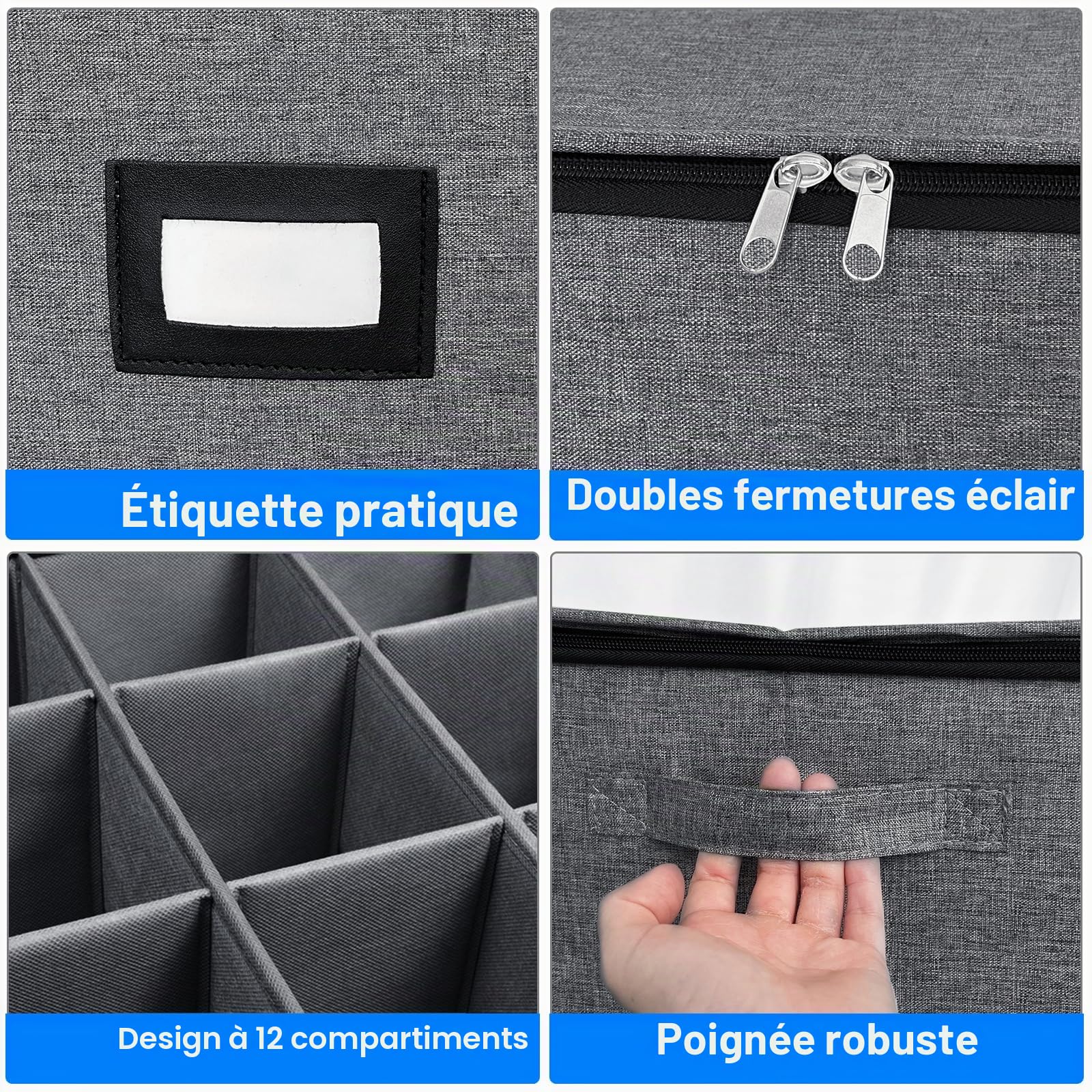Boîtes de rangement en tissu pour verres à pied avec séparateurs, pour flûtes à champagne, verres en cristal fragiles, cuisine, placard, fête, camping, caravane (gris)