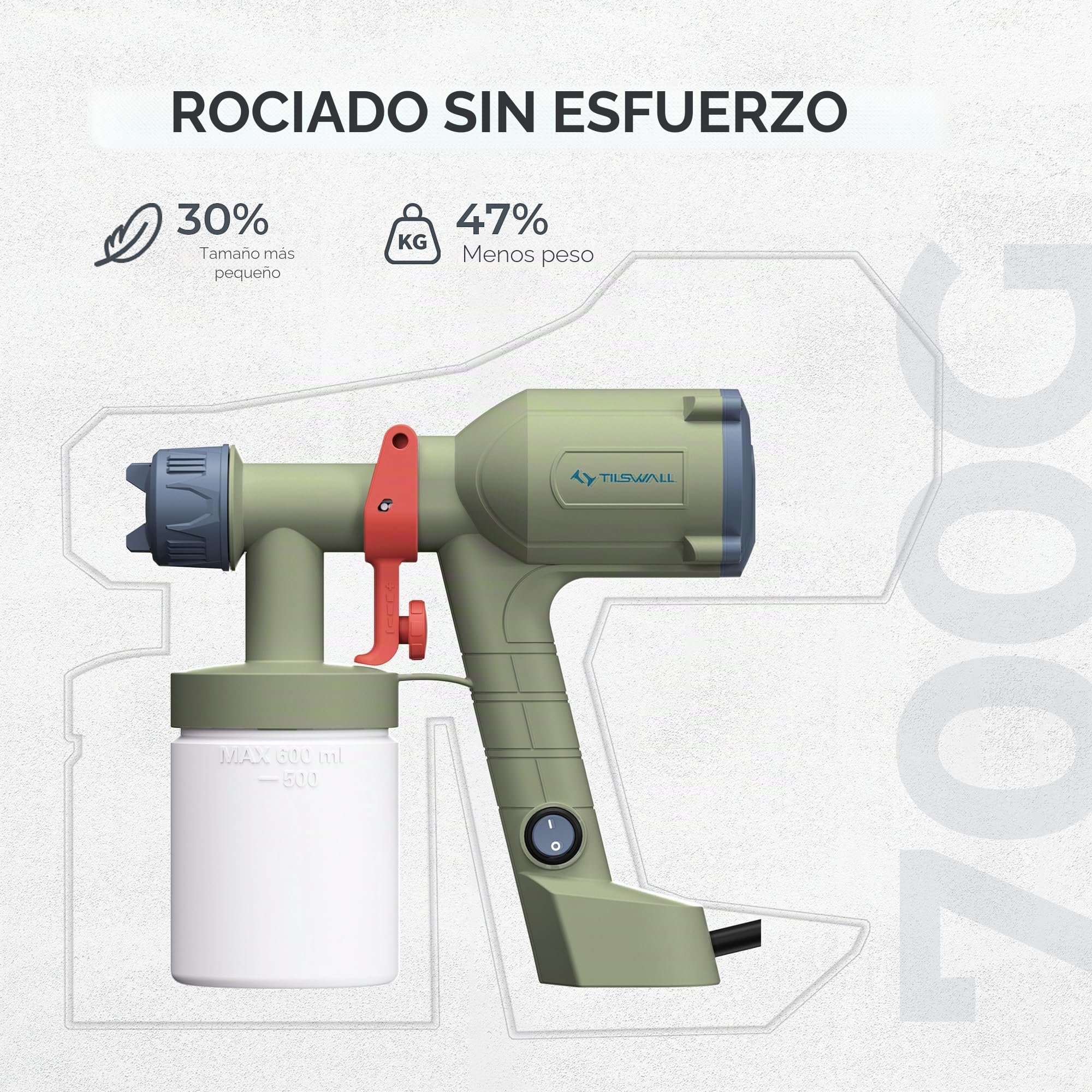 Tilswall Pistola de Pintura Eléctrica - Pulverizador de Pintura Ultraligera con Tanque Desmontable De 600ml, 2 Boquillas & 3 Modos, Paredes, Techos, Muebles, Vallas, Jardín, Verde Oliva