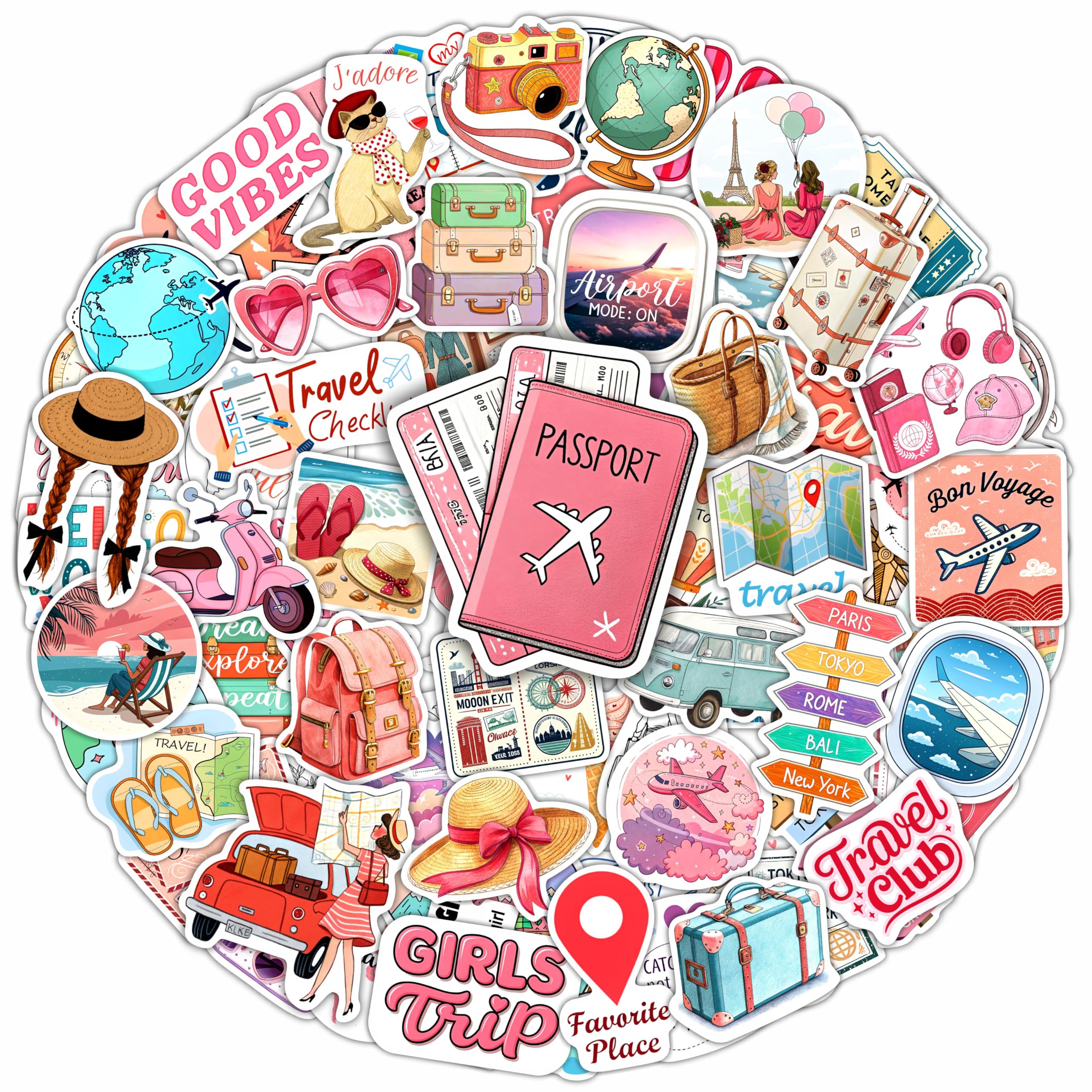 100Pcs Travel Stickers for Girls Luggage, for Water Bottle - Traveling Scrapbook Stickers and Decals - Cute Travel Journaling Decals - Traveling Girly Gifts