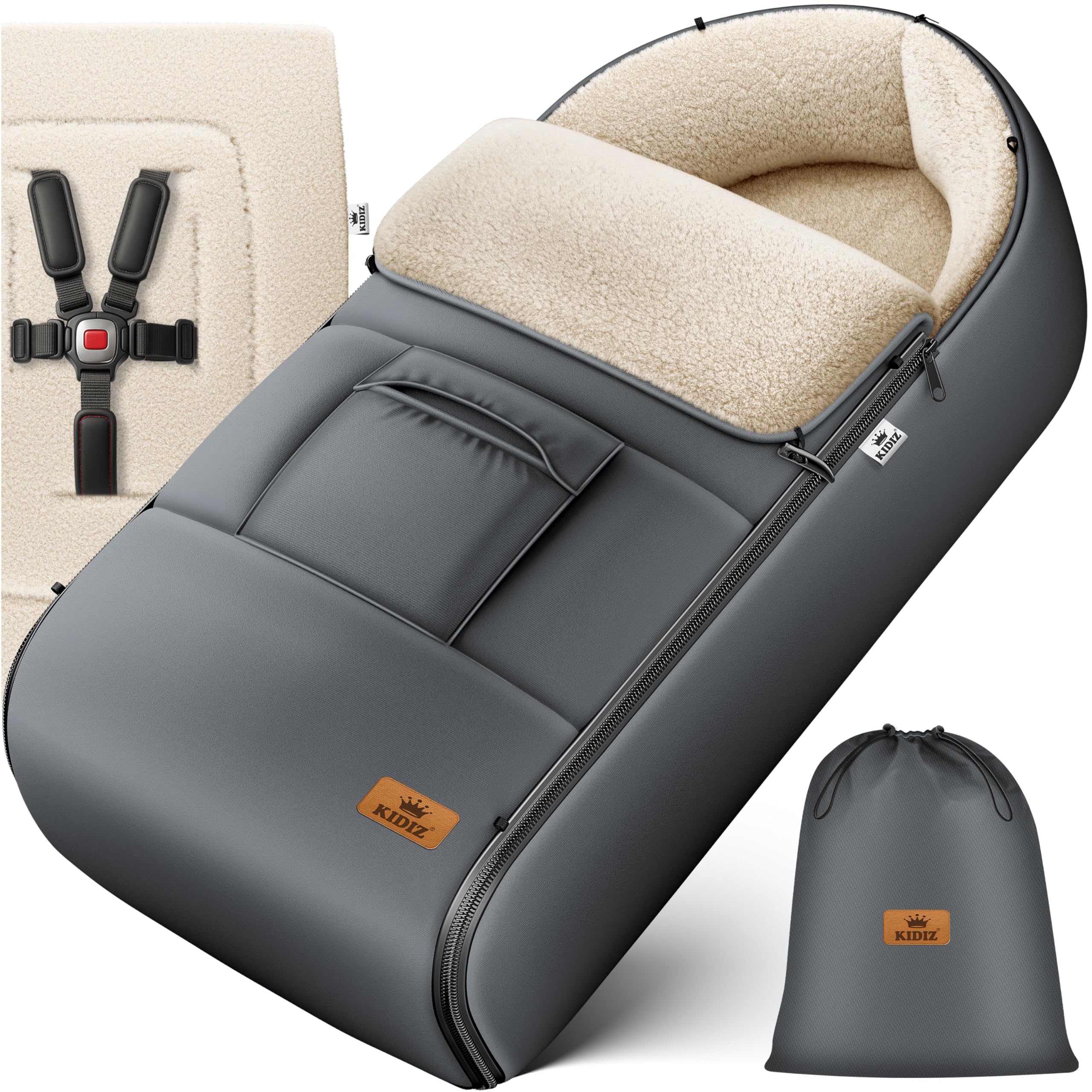 Kidiz® Babyfußsack Baby Fußsack Winterfußsack Babyschale mit Reißverschluss Kuschelsack Babydecke Kinderwagen waschbar verschließbarer Kopfteil,Tasche, passend für alle Kinderwagen, Anthrazit