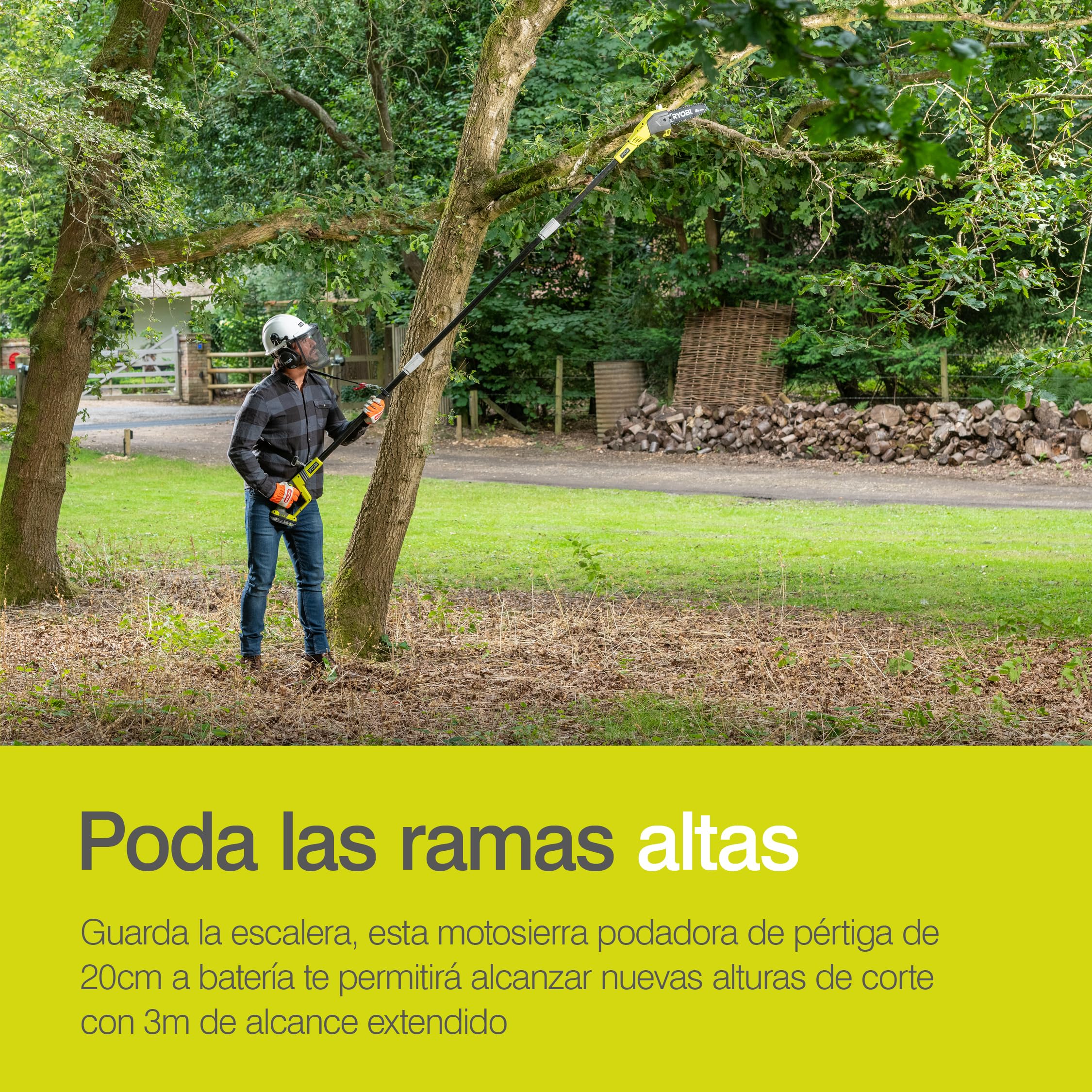 RYOBI - Podadora Eléctrica de Pértiga Inalámbrica a Batería 18V ONE+ - Pequeña Poda, Desrame y Uso Doméstico - Precisión, Comodidad y Seguridad de Corte - OPP1820
