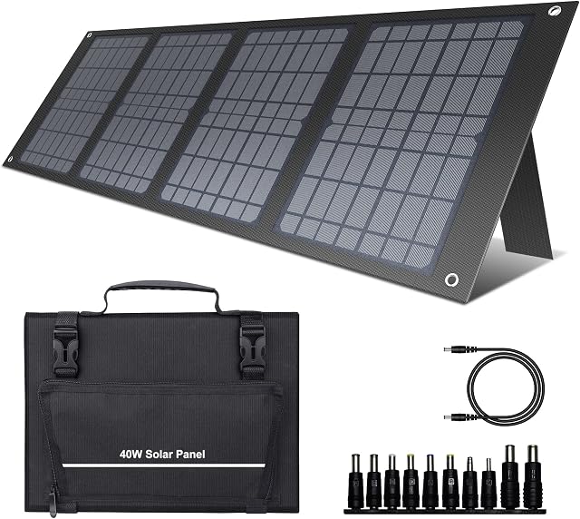 powkey 40W Solar Panel Charger 12-15V with Adjustable Kickstands, DC 12-15V Output, USB 3.0 Port for Most Power Station, Camping, Mobile Phone and Laptop