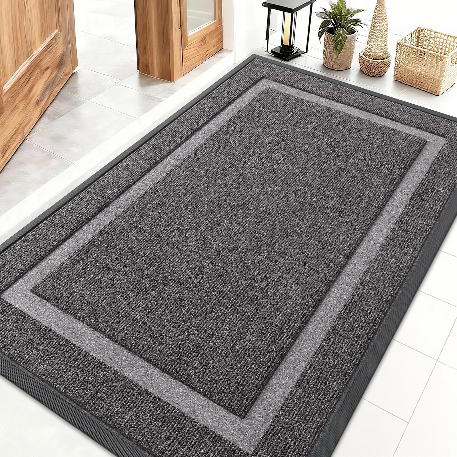 OLANLY Front Door Mat Indoor Outdoor Entrance, Waterproof All-Season, All-Weather Doormat, Sturdy Natural Rubber, Fade Resistant, Low Profile, Easy Clean Patio Porch Entryway Mat, 47x32, Dark Grey