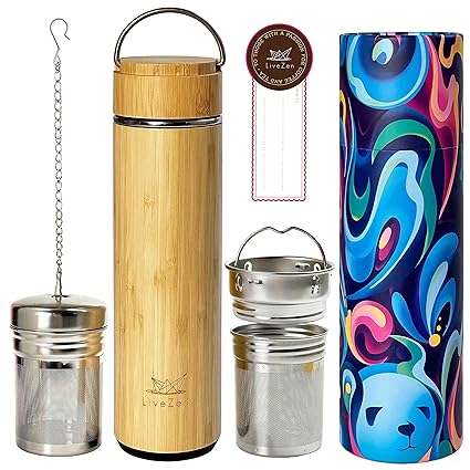 LiveZen 18oz Bamboo Mug Tumbler with Lid and 2 Pack Tea Infuser for Loose Leaf Tea Stainless Steel Insulated Travel Water Thermos Flask Bottle with Strainer Tea Gift Set for Tea Lover Men Women