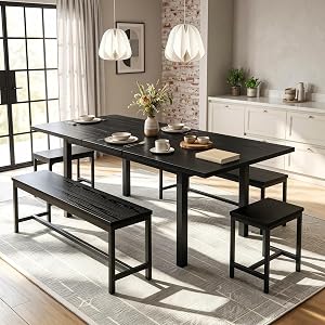 IDEALHOUSE Extendable Dining Table Set, 5-Piece Kitchen & Dining Room Set, MDF Top with Metal Frame, Modern Space-Saving Furniture for Dining Room or Apartment, Black