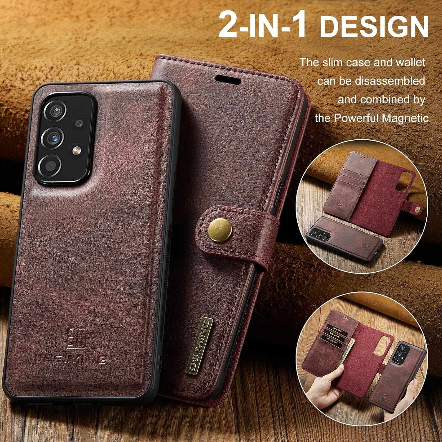 Detachable 2 in 1 Split Magnetic Flip Folio Wallet Case Compatible with Samsung Galaxy A53 5G Genuine Leather Phone Case with 3 Card Holder Slots Kickstand Shockproof Cover(Red)