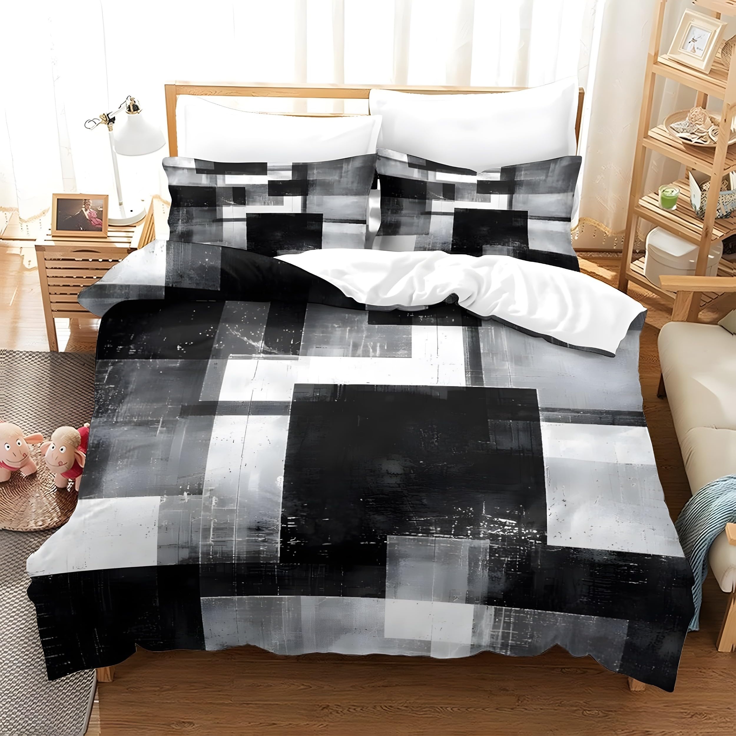 YZQGLHP Abstract Black & White Plaid Single Duvet Cover Set Vintage Grey Soft Single Bedding Microfibre Lightweight Quilt Cover with Zipper and 2 Pillowcase 50x75cm