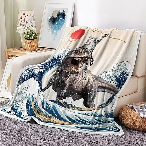 Uokiuki Funny Cat Throw Blankets, Cute Cat Riding Dinosaur Japanese Ocean Waves 