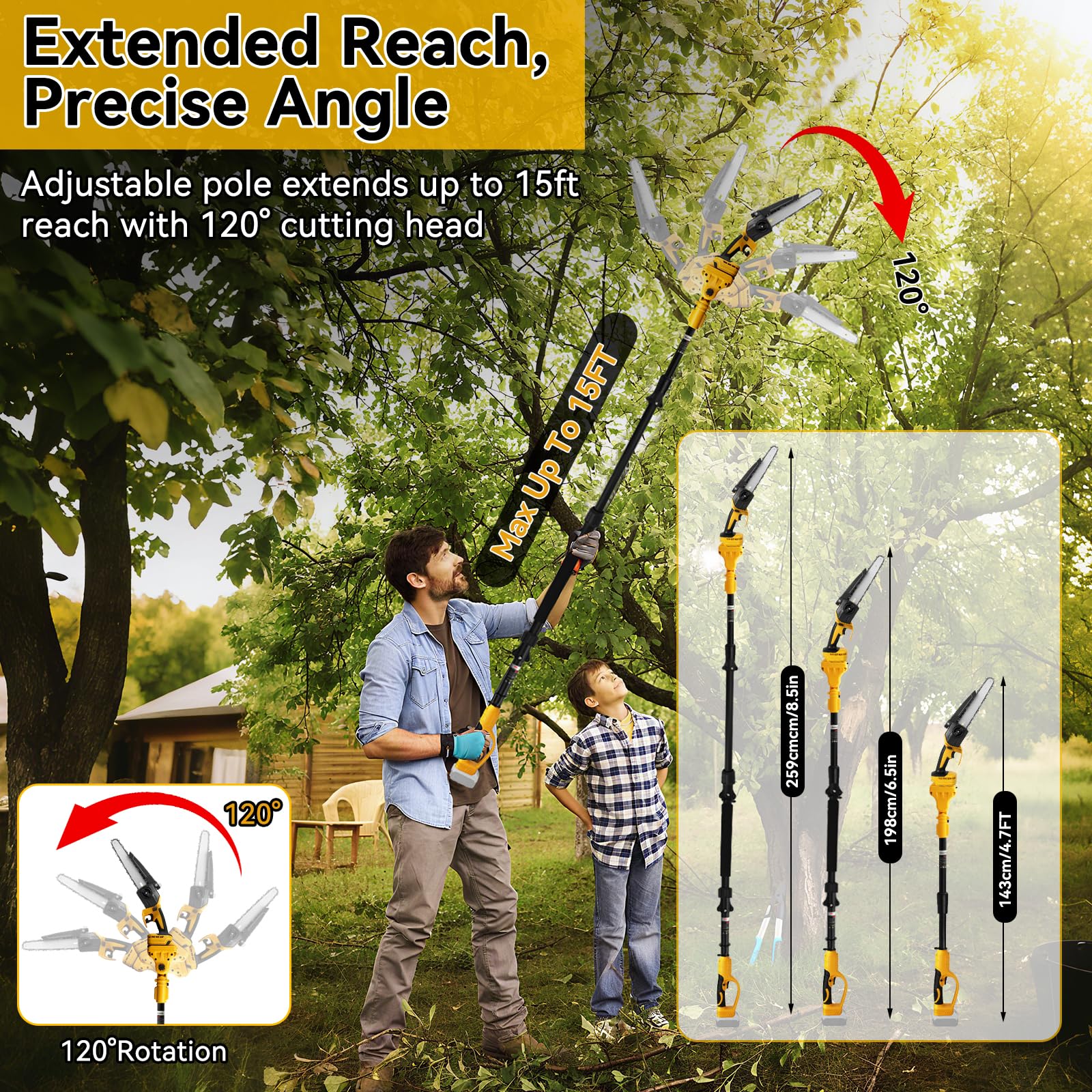 Roadtime Motosierra telescópica 8 "mettensäge para DeWalt 20V(sin batería) | 2 en 1 y sierra de podar sin escobillas con 2 cadenas de repuesto, para ramas de árboles