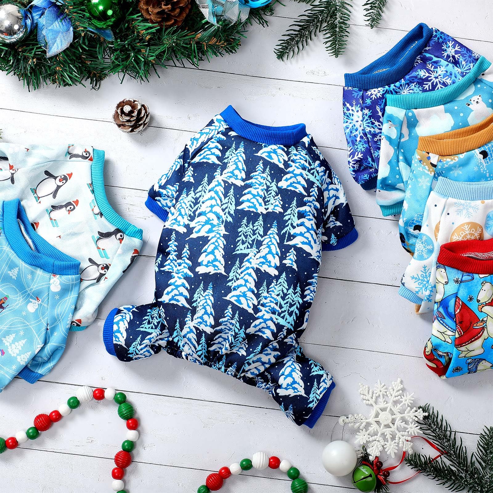 Paterr 8 Stück Winter Hund Pyjama Winter Warm Schneeflocke Pinguin Weiß Bär Muster Welpen Hund Pyjama Winter Hund Jumpsuit Urlaub Hund Welpen Kleidung für Winter Urlaub Kleine Hunde Kleid (Medium)