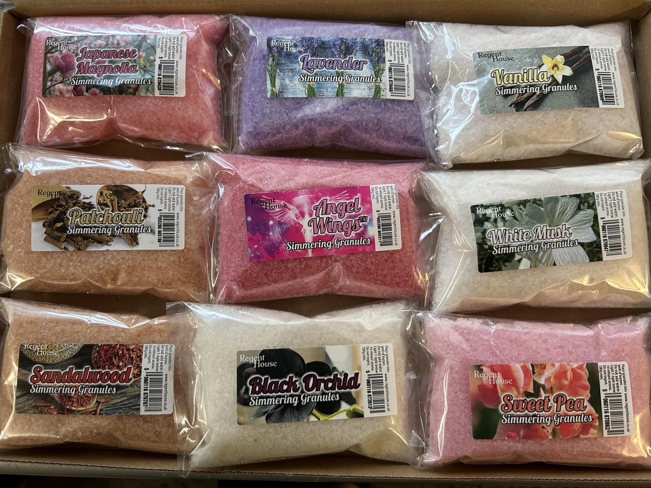 Regent House Simmering Granules Most Popular Collection, Black Orchid, Angel Wings, Lavender, Japanese Magnolia, Sandalwood, Patchouli, Vanilla, White Musk, Sweet Pea. 9 x 200g Packets