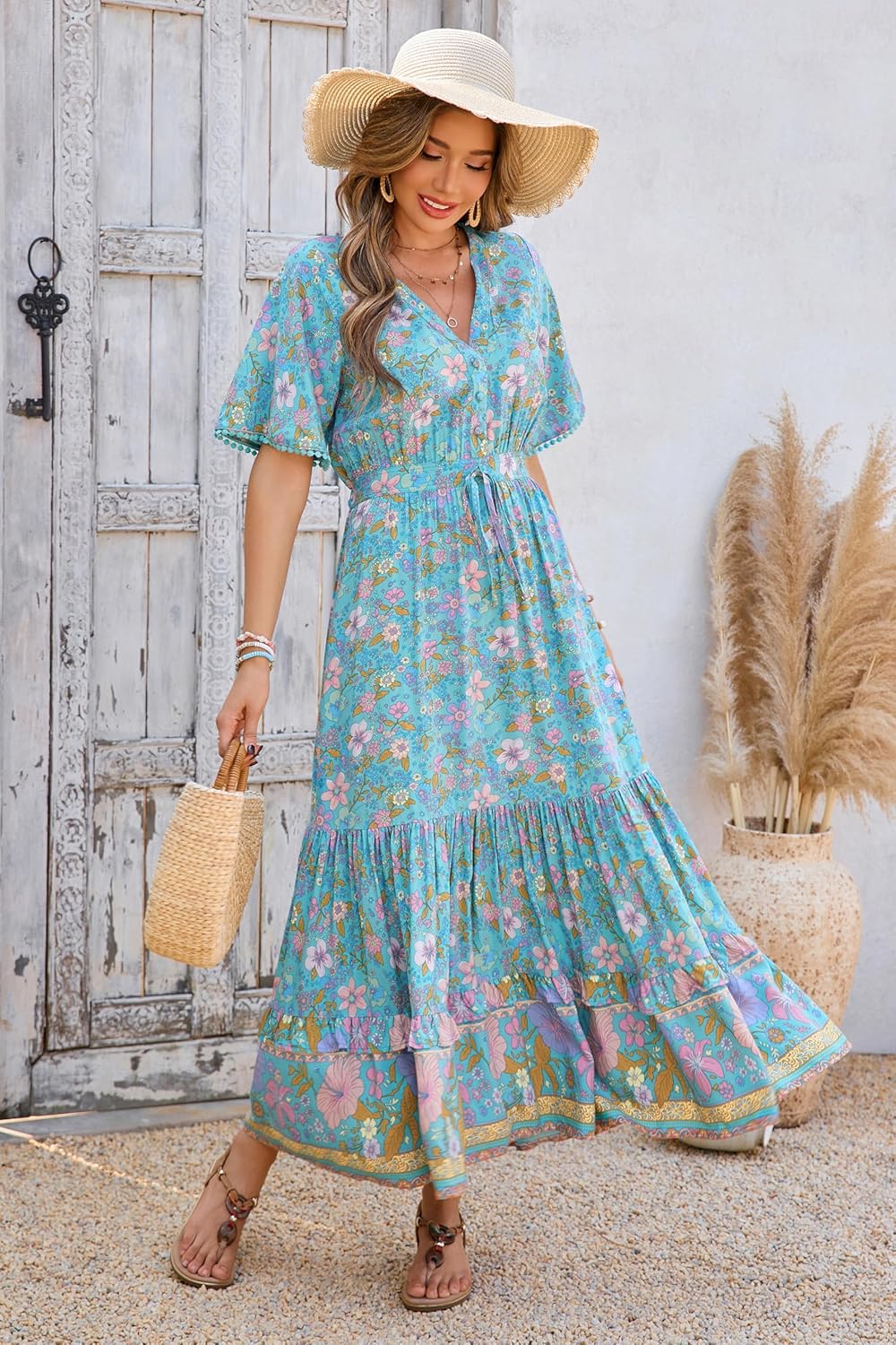 R.Vivimos Womens Summer Cotton Short Sleeve V Neck Floral Print Casual Bohemian Midi Dresses - Image 5