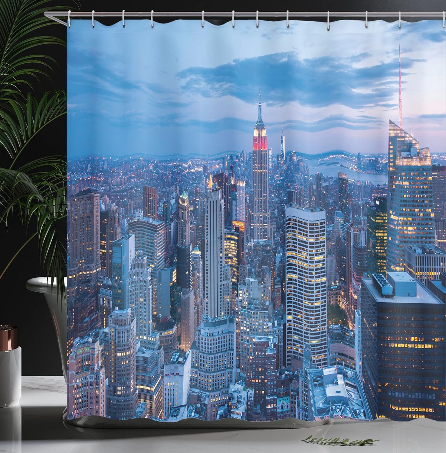 Ambesonne New York Shower Curtain, Aerial Night View of NYC with Dusk Sky Cloudy Sunset in City Fashion Capital Art Photo, Cloth Fabric Bathroom Decor Set with Hooks, 69" W x 84" L, Blue