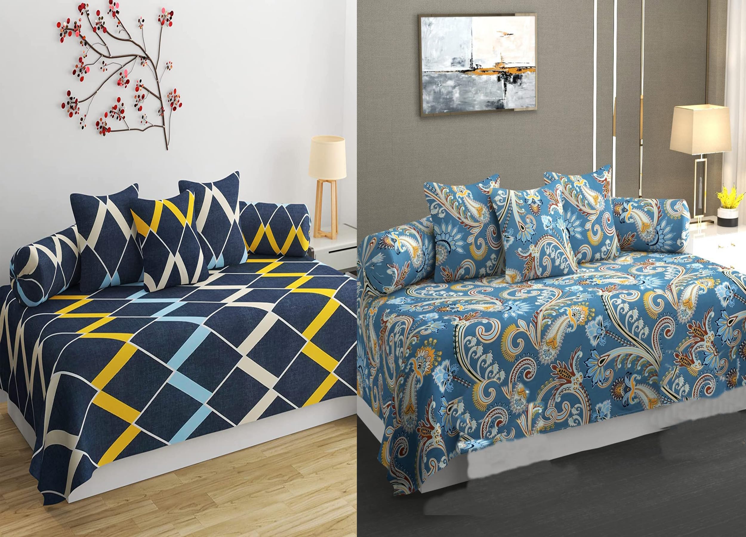Premium Floral Printed Ezyption Cotton 6 Piece diwan Set Combo -(2 diwan bedsheet, 10 Cushion Covers, 4 Bolster Covers, Yellow & Jaipuri Grey-image-26