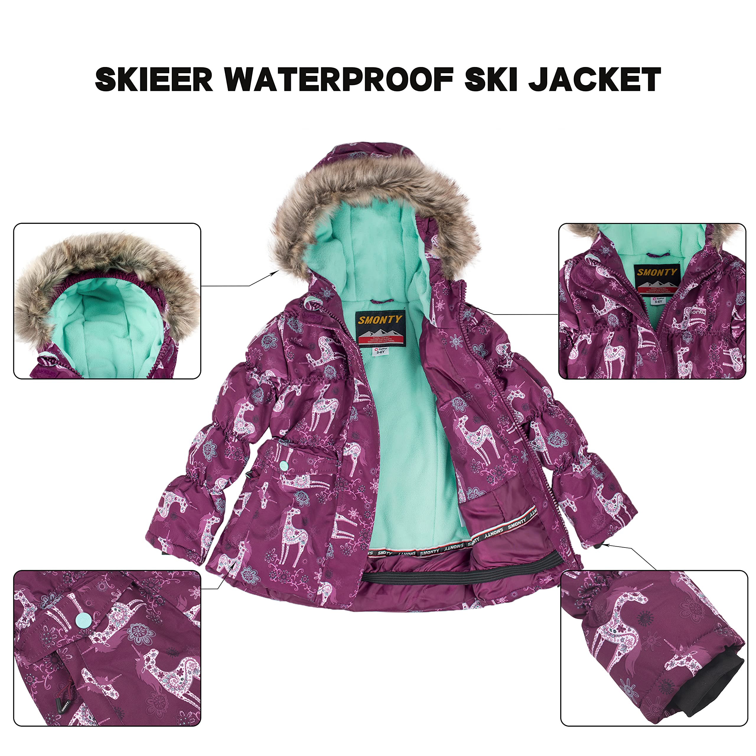 SMONTY Tuta da Neve per Bambini per Ragazze Giacca da Sci Invernale e Pantaloni Set Cinghie con Cappuccio Set Antivento Impermeabile Caldo (Viola, 4-5)