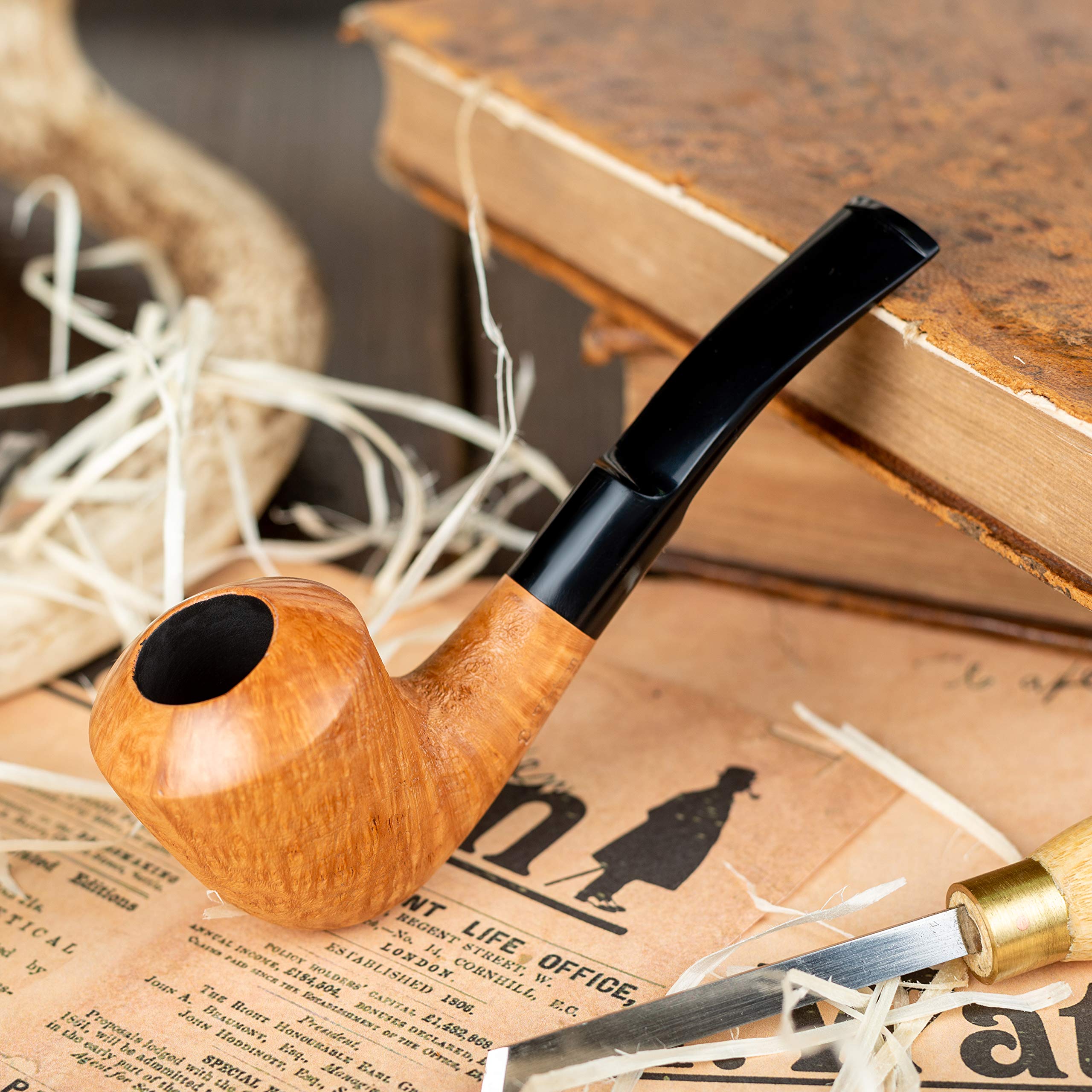 Dr. Watson - Pipa de tabaco, forma clásica de Dublín curvada, hecha a mano de raíz de brezo, compatible con filtro de 9mm (Dorada)