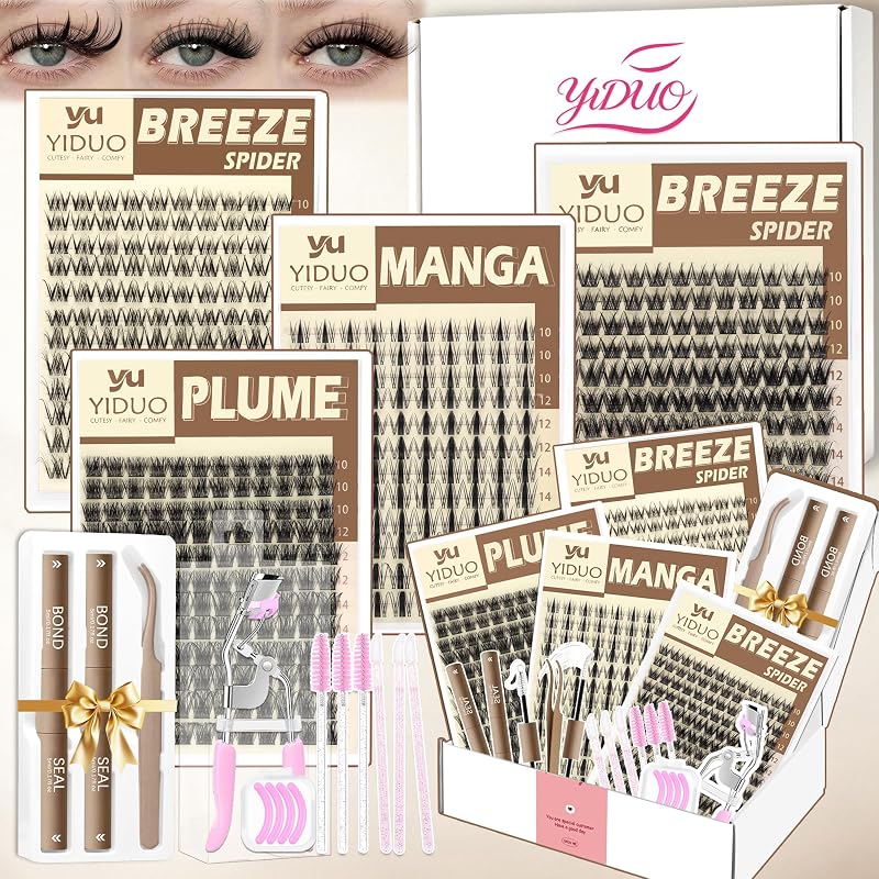 Kit YIDUO com 4 estilos de cílios em tufos, adesivo Bond & Seal e acessórios