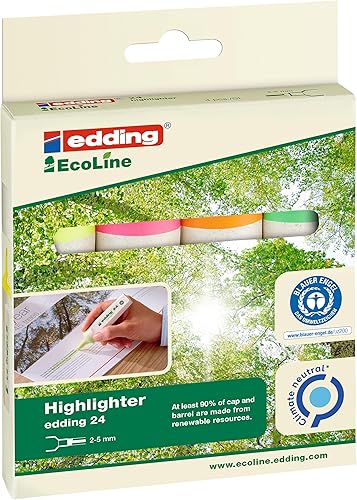 Miniatura 2 de edding 24 resaltadores EcoLine - juego de 4 - amarillo, naranja, rosa, verde - cincel nip 0.079-0.197 in - para marcar y resaltar textos y notas