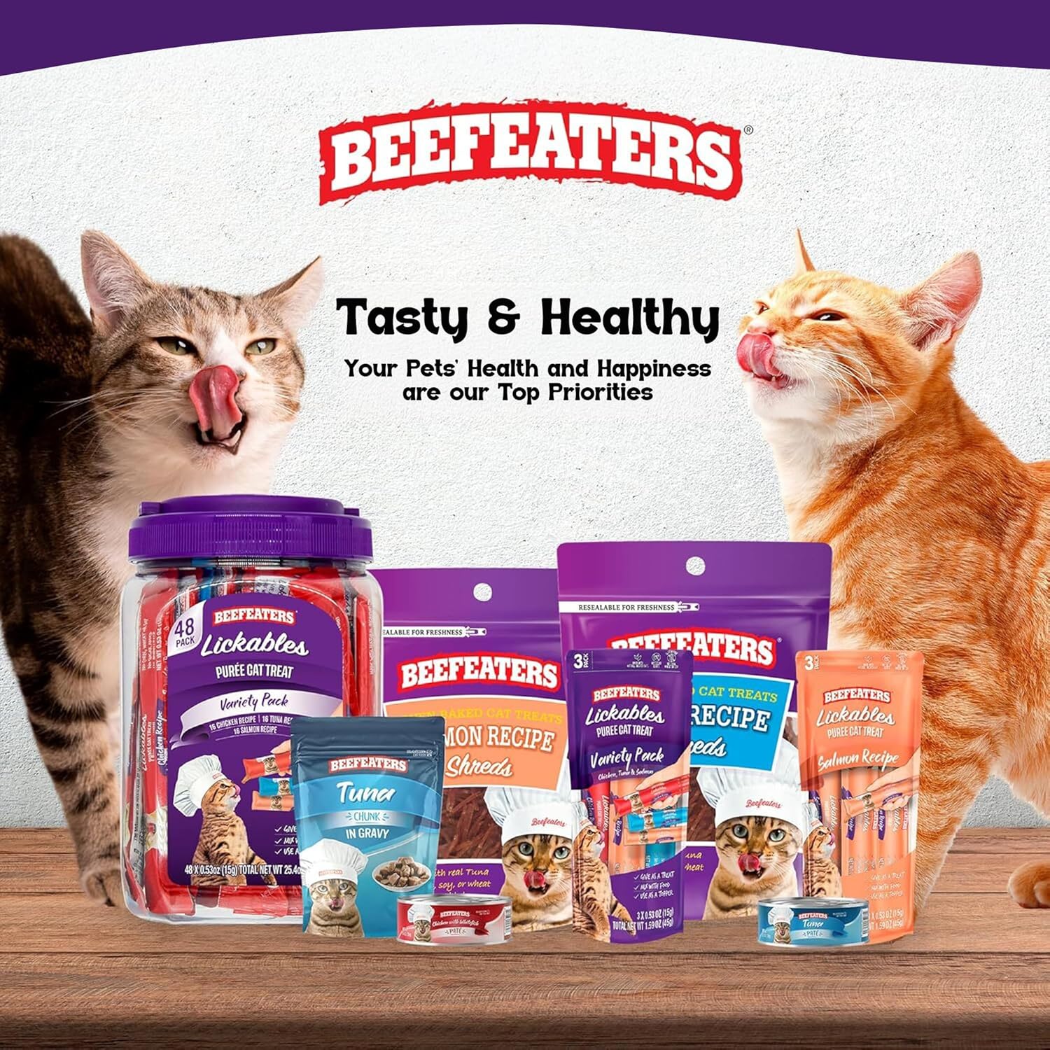 Beefeaters wet cat treats lickable 120 Count Puree Variety Pack - Salmon Tuna Chicken for Hydration & Training, Grain Free Taurine Enriched High Moisture, lickable cat treat squeeze up for Picky Eater