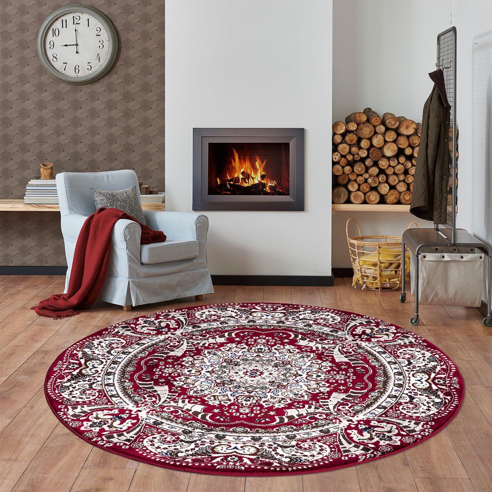 renoazul® Floral Washable Circular Rug For Bedroom - Rada Red - 120 x 120 cm - Traditional Rugs Living Room Carpet, Dining and Sitting Room Rug — image 1